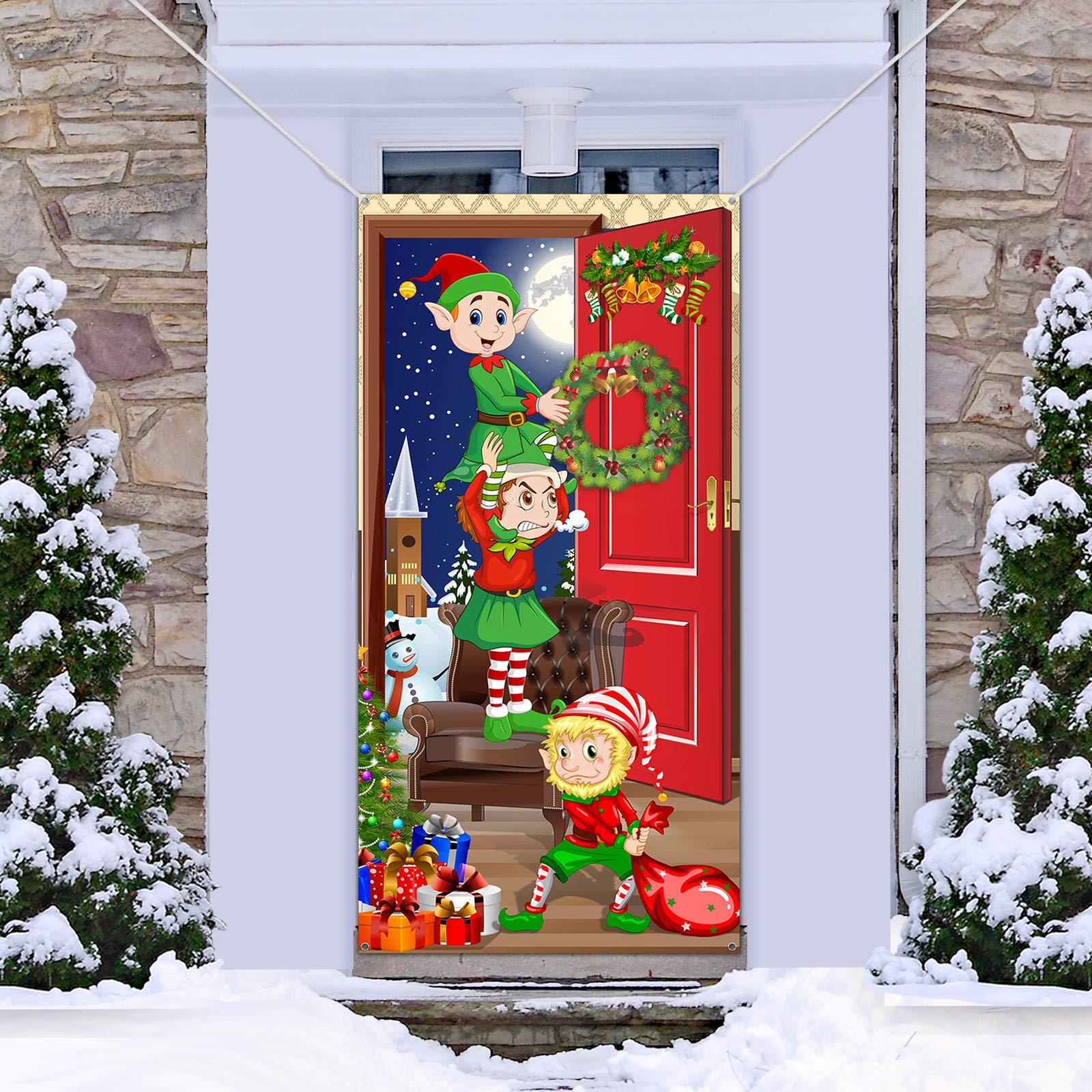 Funny Elves Fabric Door Backdrop - Santa Christmas Photo Booth Banner & Door Cover - 70.9 x 35.4 Inch - Perfect for Holiday Parties, Family Photos & Festive Decorations