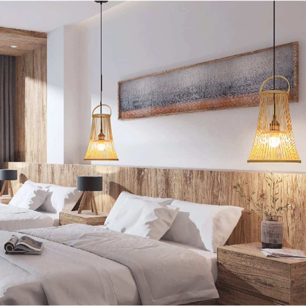 Handwoven Bamboo Pendant Light - Rustic Farmhouse Ceiling Lamp Shade, Natural Wicker Hanging Fixture for Bedroom, B&B, Living Room & Dining Room Decor - Perfect for Cozy Ambiance and Boho Style Home Lighting