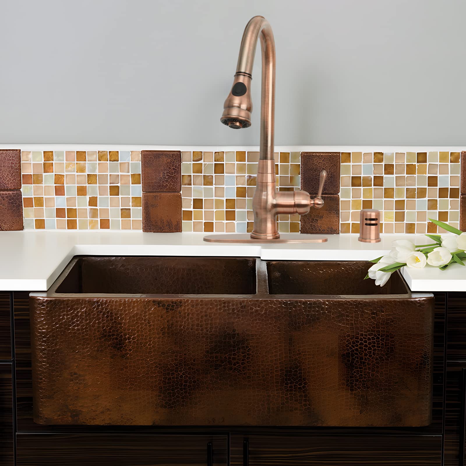 Solid Brass One-Handle Pull-Down Kitchen Faucet with Deck Plate - Antique Copper Finish | High Arc Spout for Easy Washing | Perfect for Modern Farmhouse & Rustic Kitchen Sinks