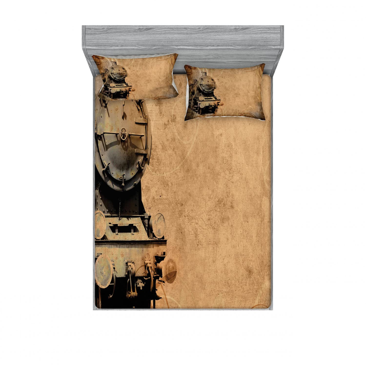 Ambesonne Vintage Steam Engine Train 2-Pack Queen Size Fitted Sheet Set with 4 Pillow Shams - Brown Aged Iron Train Design Bedding Collection for Home Decor | Perfect for Railroad Enthusiasts & Train-Themed Bedrooms