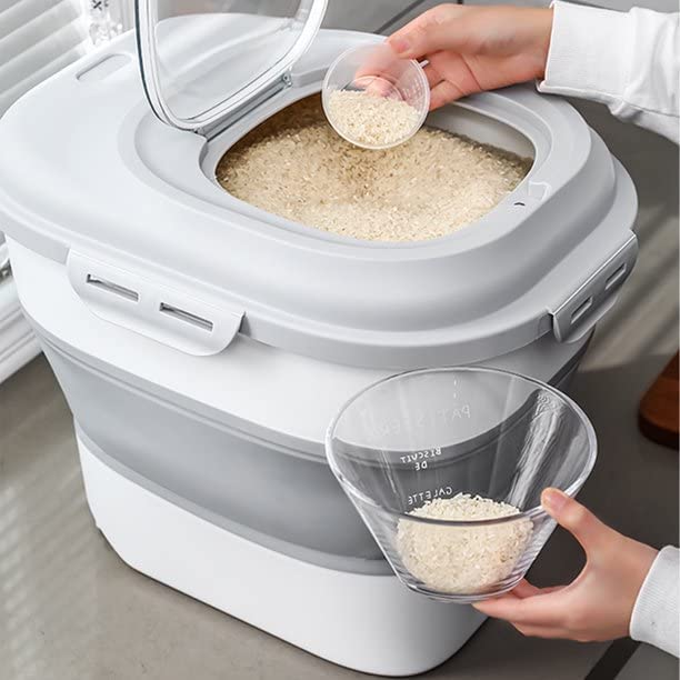 Olpad 30Lb Foldable Pet Food Storage Container - Airtight Plastic Bin with Measuring Cup, Sealed Lid & Wheels for Dog, Cat & Fish Food | Perfect for Kitchen, Pantry & Bulk Rice Storage