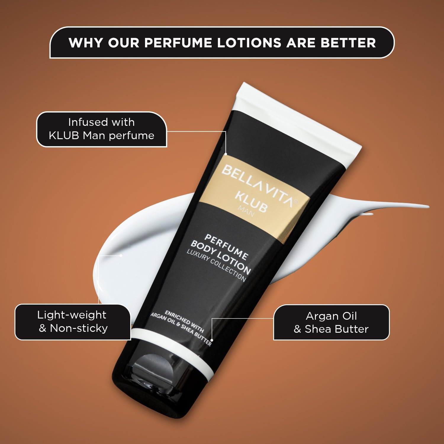 Bell'a Vit'a Luxury KLUB Men's Body Perfume Lotion - 200ml with Argan Oil & Shea Butter for Nourishing, Hydrating & Soft Skin | Daily Moisturizer for Healthy, Supple Skin | Perfect for Gym, Work & Date Nights
