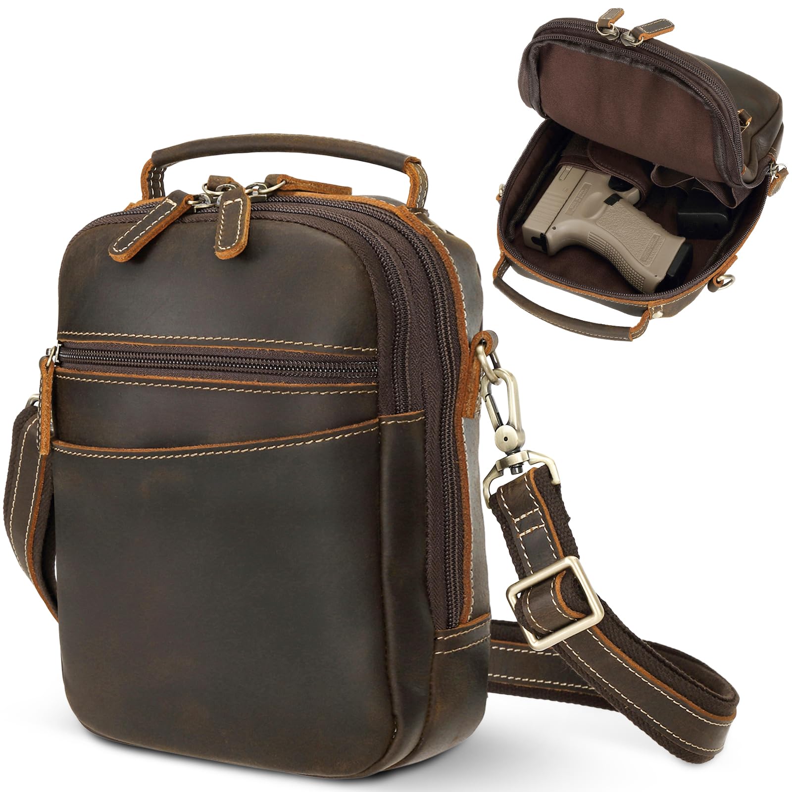 Premium Full Grain Italian Leather Concealed Carry Gun Pouch - Small Crossbody Handgun Bag & Fanny Pack for Pistol - Adjustable Waist Belt Firearm Holster Case for Outdoor, Travel & Everyday Protection