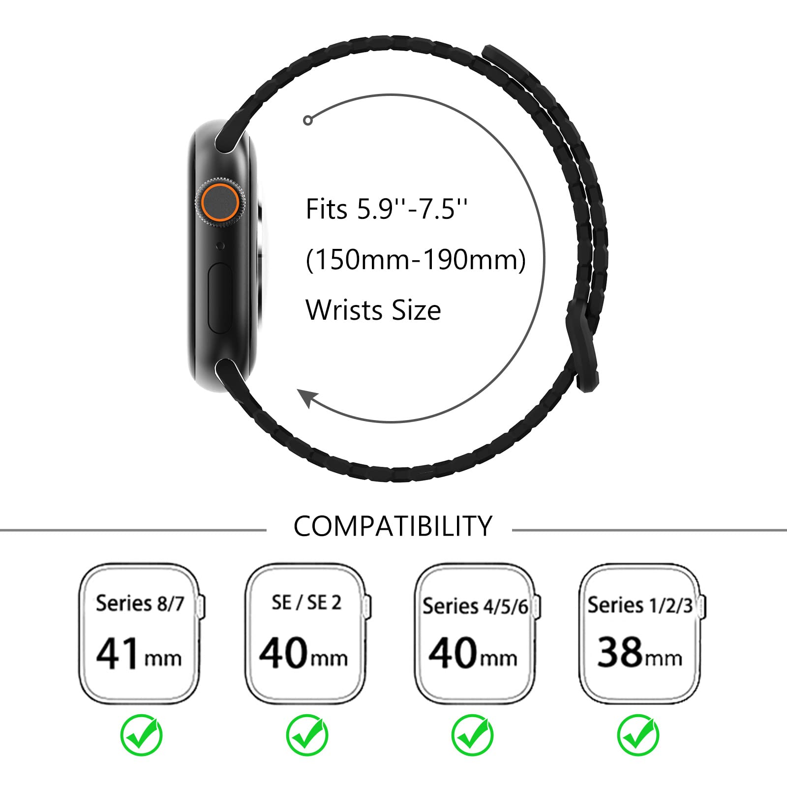 Premium Magnetic Silicone Sport Band for Apple Watch Series 9/8/7/6/5/4/3/SE/Ultra 2 - Compatible with 38mm/40mm/41mm/42mm/44mm/45mm/49mm - Adjustable Strap for Men & Women - Perfect for Workouts, Running & Everyday Wear