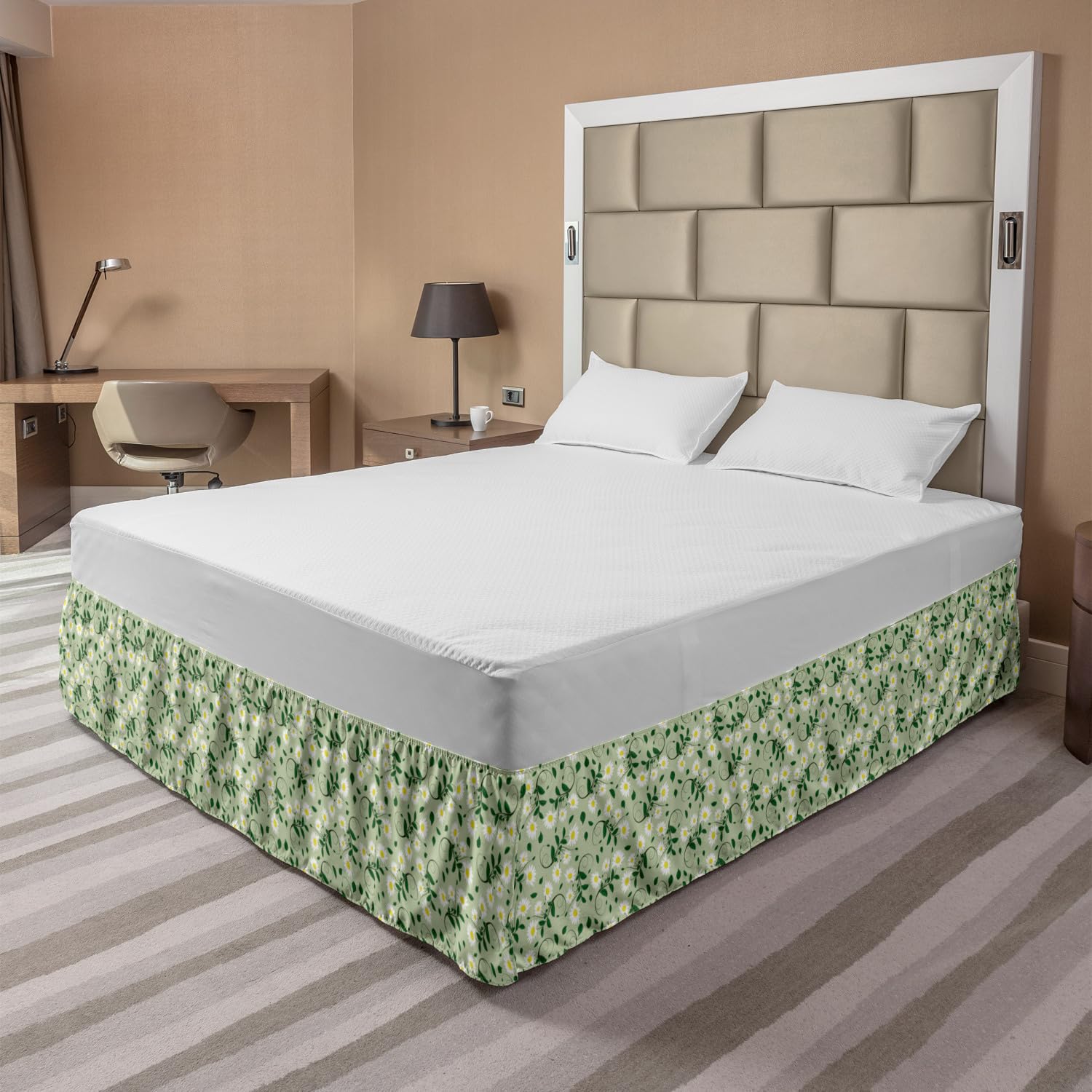 Ambesonne Floral Elastic Bed Skirt - King Size Green Wrap Around Dust Ruffle with Blooming Daisies & Leaf Design | Perfect for Bedroom Decor & Guest Room Styling