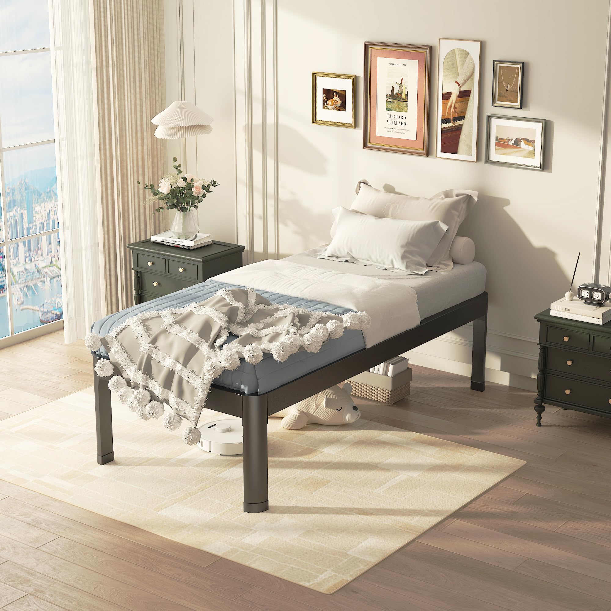 Sturdy 14 Inch Twin Metal Bed Frame with Round Corner Edge Legs - Heavy Duty 3500 lbs Capacity, No Box Spring Needed, Noise Free & Non-Slip Design with Steel Slat Support - Perfect for Kids Rooms, Guest Beds & Small Spaces