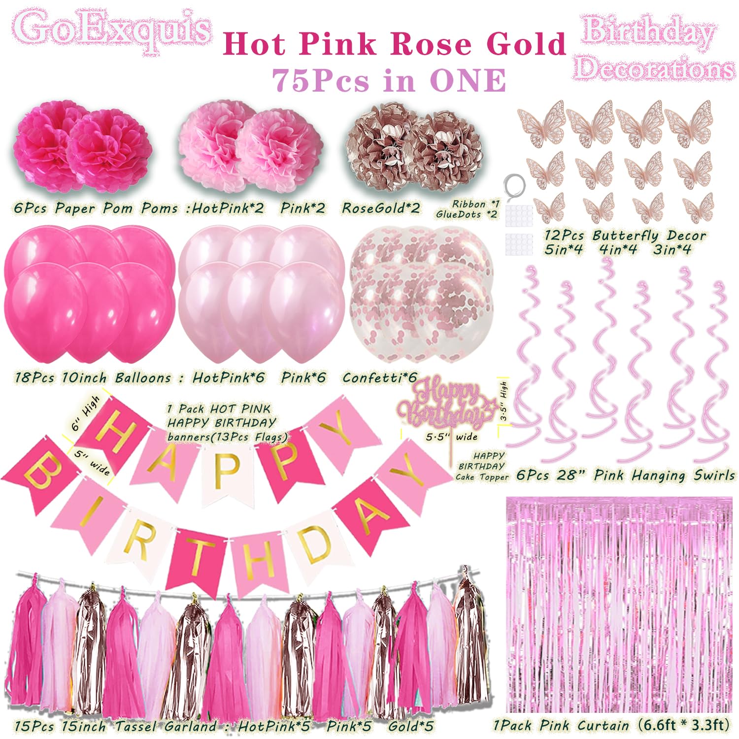 Elegant Hot Pink & Rose Gold Birthday Party Decorations Set - Butterfly Cake Topper, Hanging Swirls, Foil Curtain, Tassel Garlands, Paper Pom Poms & Balloons for Women & Girls Birthday Celebrations | Perfect for Baby Showers, Bridal Showers & Anniversary Parties
