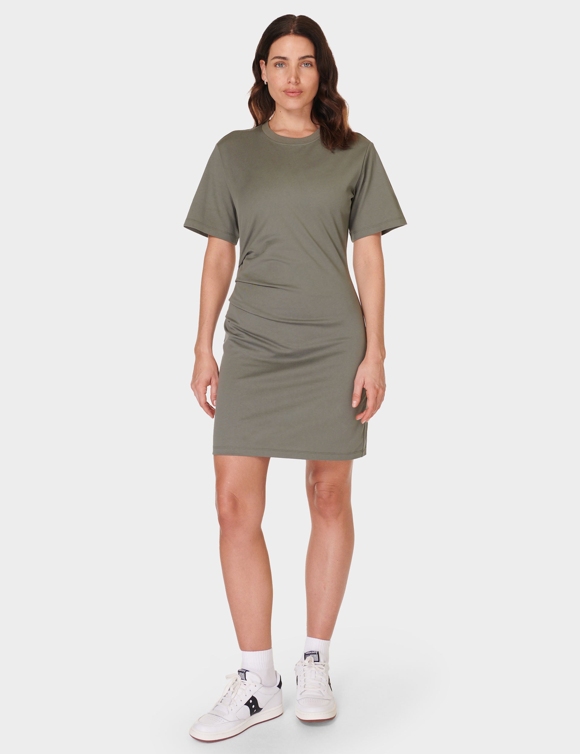 Easy Ruched T-Shirt Dress in Umbra Green - Flattering Casual & Lounge Wear for Women
