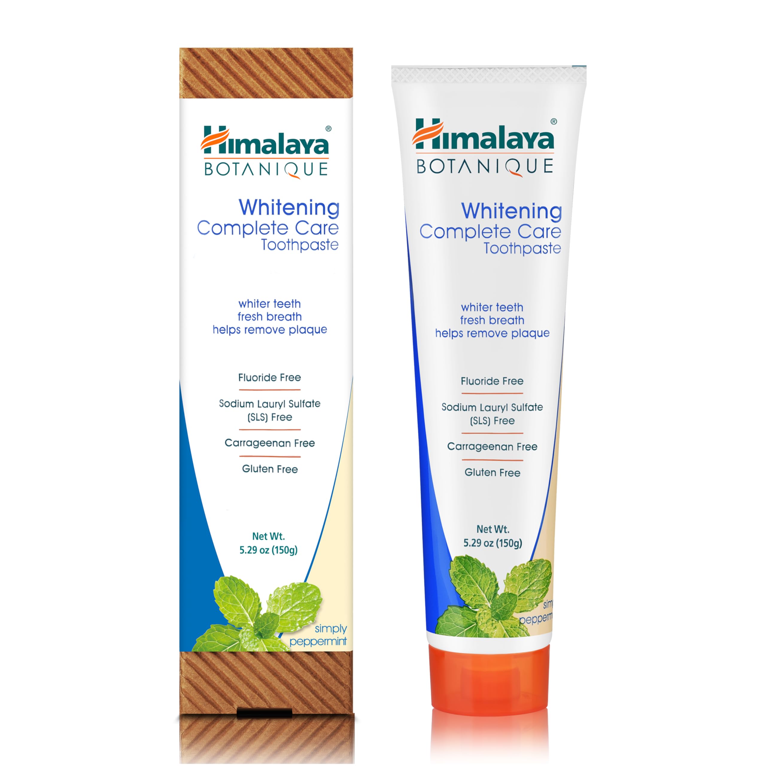 Himalaya Botanique Complete Care Whitening Toothpaste - Fluoride Free, Simply Peppermint Flavor for Clean Mouth, Whiter Teeth & Fresh Breath - 5.29 oz (2 Pack) | Natural Oral Care for Daily Use at Home or Travel