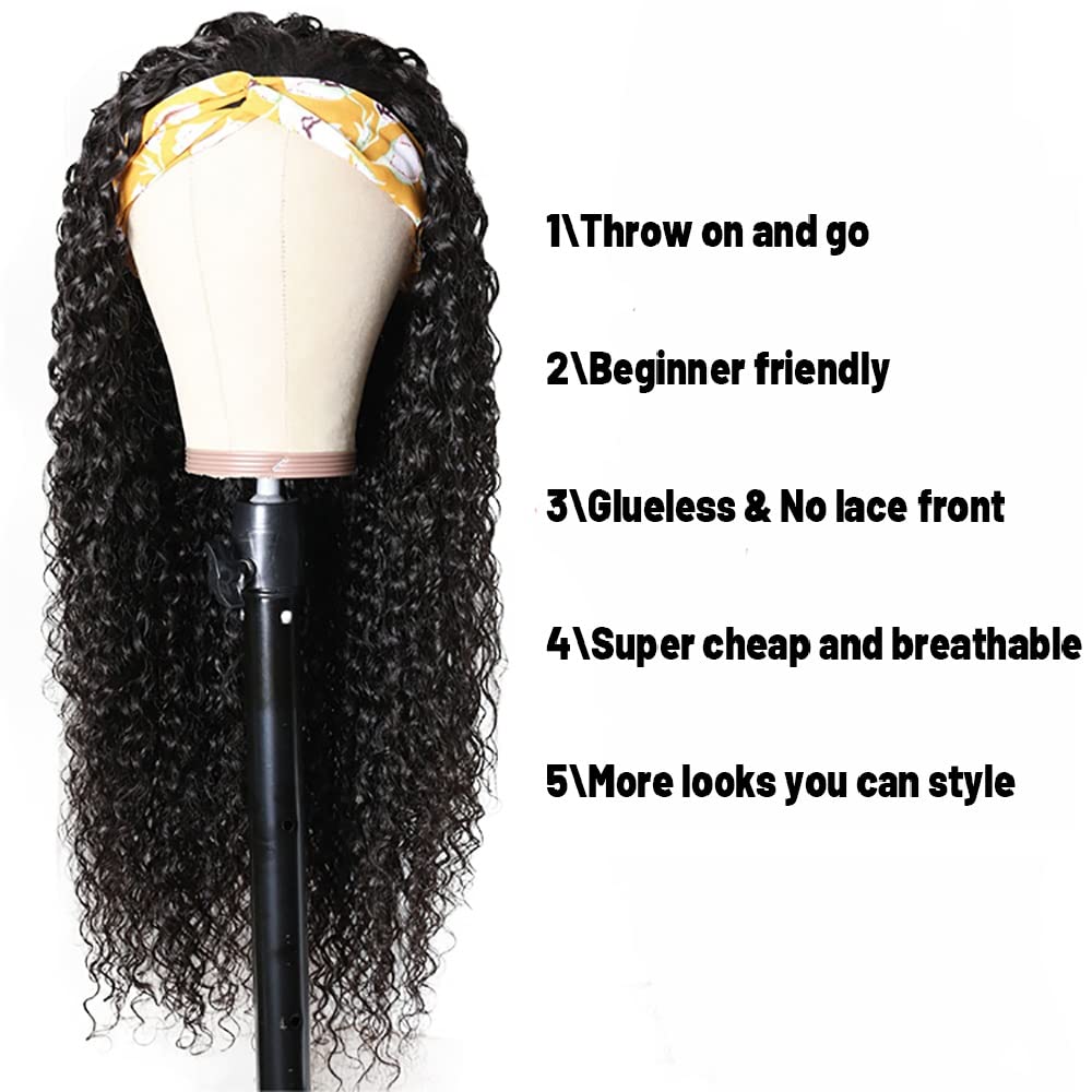 18 Inch Deep Wave Headband Wig - 150% Density Brazilian Virgin Human Hair Glueless No Lace Front Wig for Black Women | Natural Black Color | Perfect for Daily Wear, Parties & Protective Styling