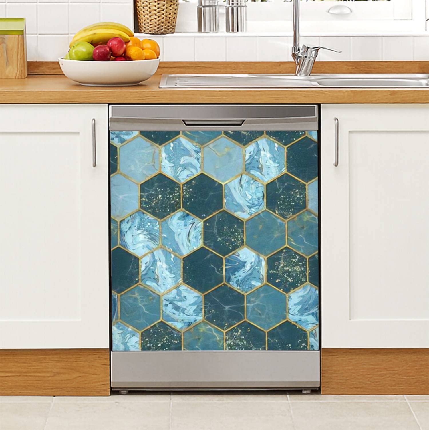 Hexagon Marble Dishwasher Magnet Sticker - Seamless Texture with Gold Abstract Design - Magnetic Refrigerator Sticker for Fridge, Metal Door & Garage (23x26in) - Perfect for Kitchen Decor & Appliance Covers