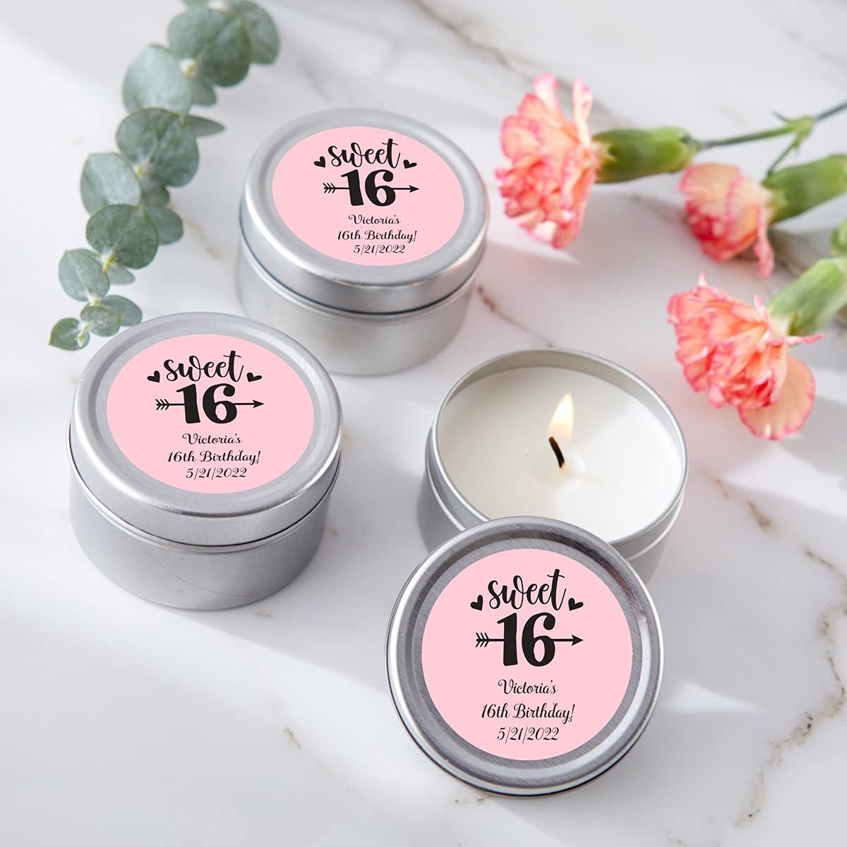 Kate Aspen Personalized Travel Candle Tin - 96PCS Custom Scented Candles with Round Sticker Design - Perfect for Milestone Birthday Party Favors, Wedding Decor & Travel Gifts - Great for Home, Office & Spa Relaxation