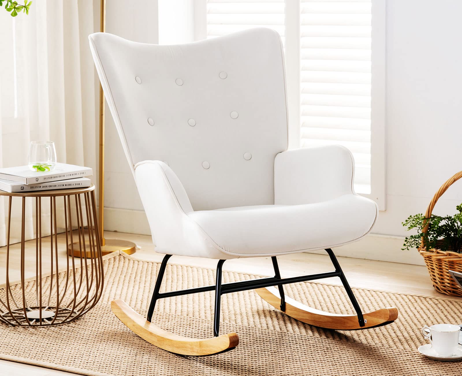 Shunzhi Velvet Nursery Rocking Chair with Armrest - Modern Upholstered Tufted Accent Chair for Living Room, Bedroom & Office - Beige Comfy Reading Lounge Chair for Small Spaces - Perfect for Nursing, Relaxing & Home Decor