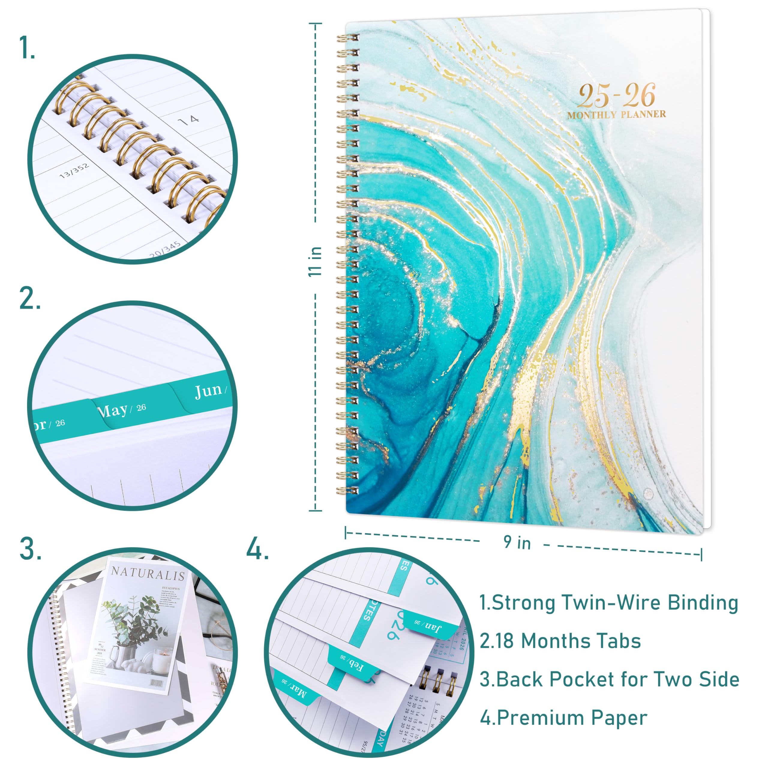 2025-2026 Monthly Planner Calendar - 18 Months from July 2025 to December 2026 with Tabs, Note Pages & Twin-Wire Binding | 9