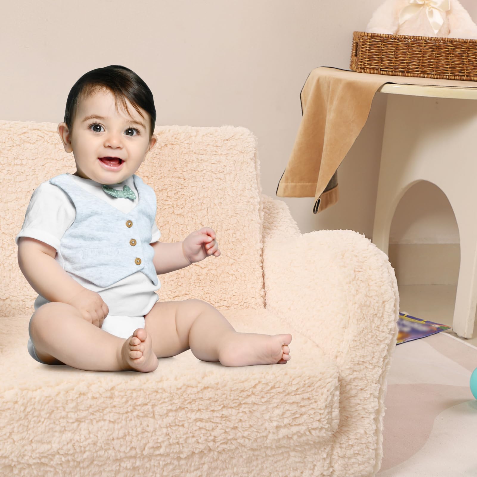 2-in-1 Convertible Toddler Chair - Soft Sherpa Kids Sofa & Lounger for Boys & Girls (Cream) | Perfect for Playroom, Nursery & Reading Nook