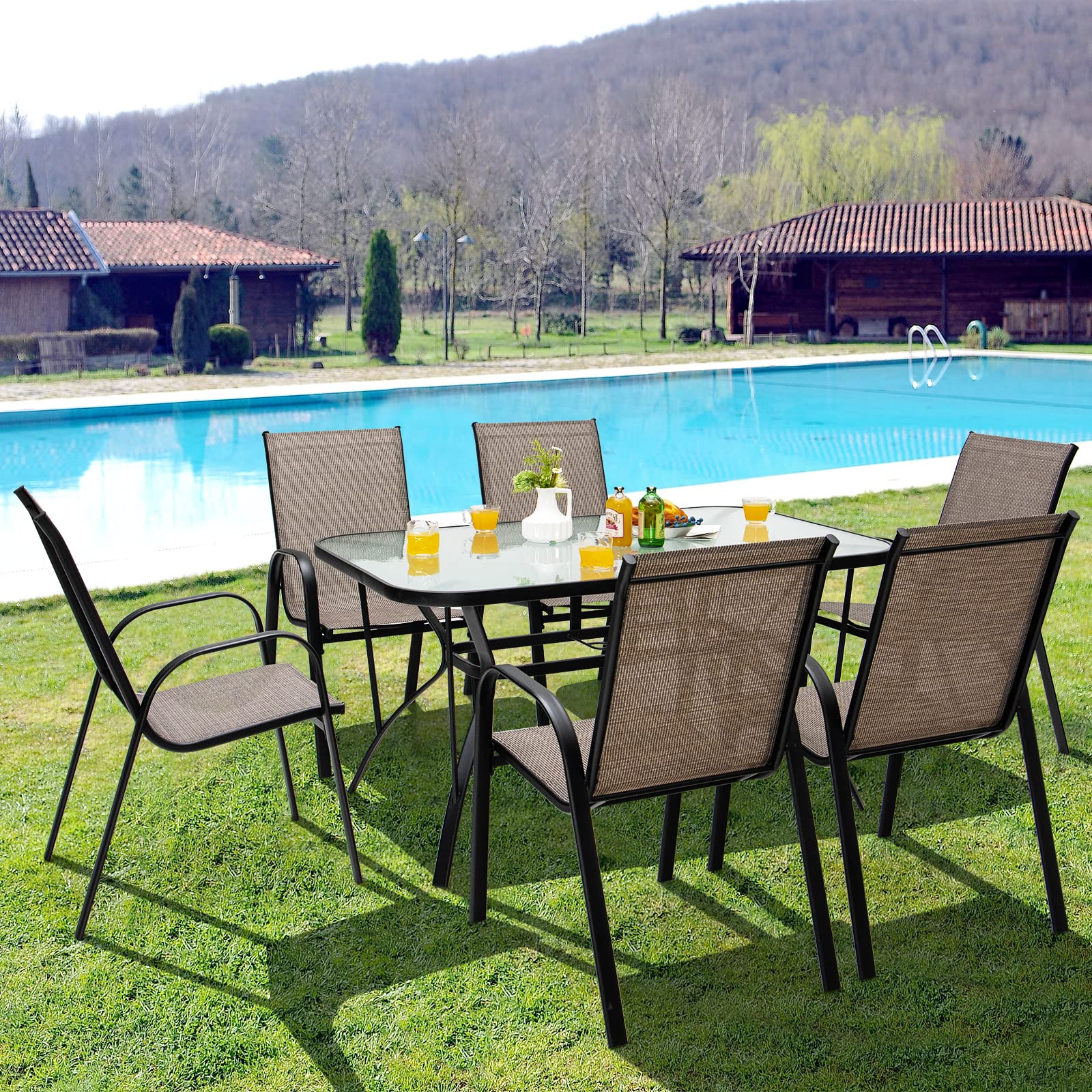 Tangkula 55-Inch Rectangle Patio Dining Table for 6 with Umbrella Hole - Tempered Glass Top & Steel Frame - Outdoor Dining Set for Backyard, Poolside, Balcony, Garden Parties & BBQ Gatherings