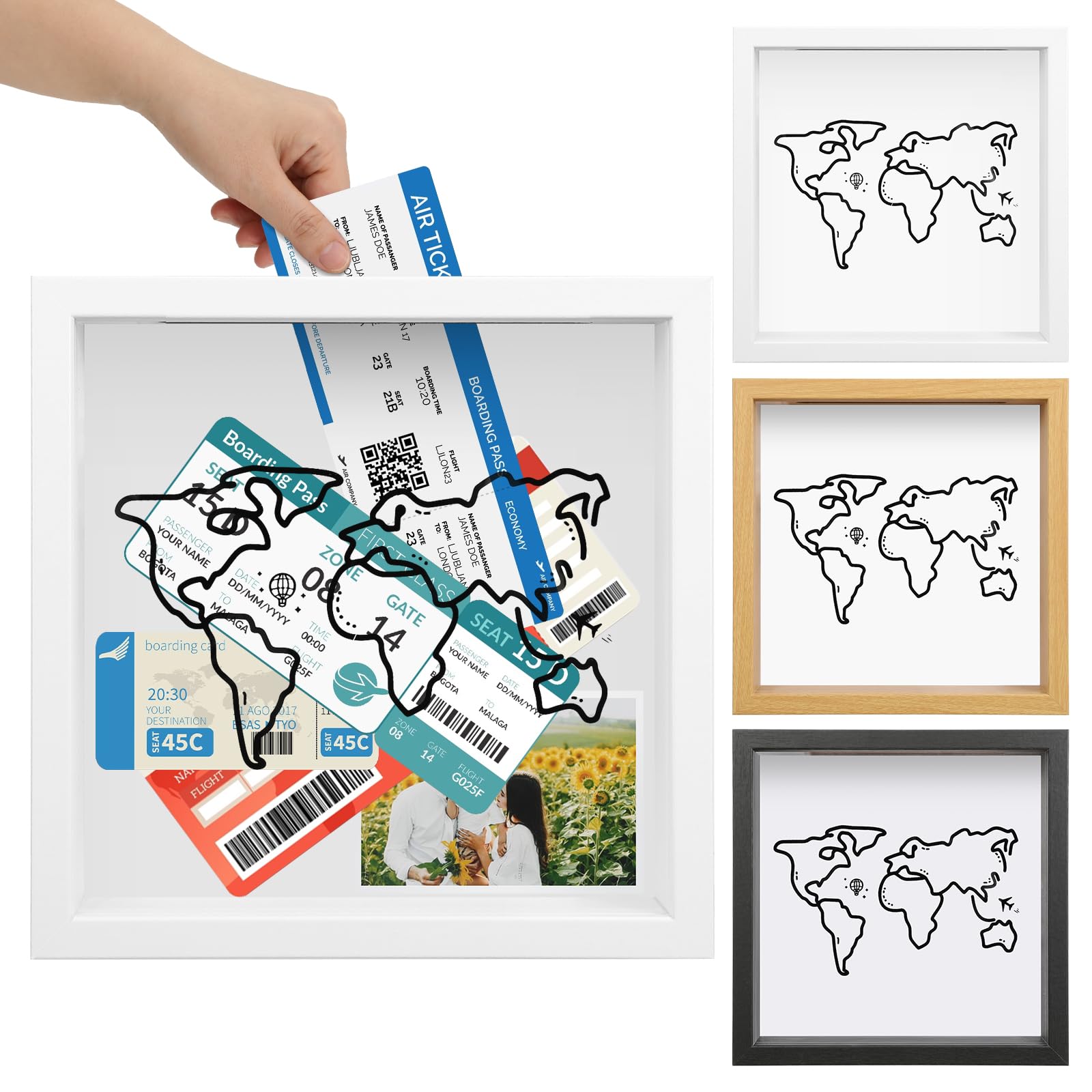 Ronlap 8x8in White Travel Shadow Box - Top Loading Memory Display Case for Keepsakes & Adventure Mementos | Perfect for Travel Scrapbooking, Vacation Souvenirs & Home Décor