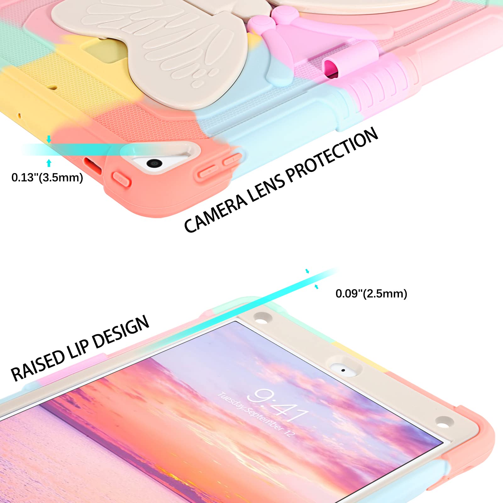 DUEDUE Shockproof Kids iPad Case for iPad Air 2/5th/6th Gen (2017/2018) & iPad Pro 9.7 - Butterfly Wings Design with Kickstand & Pencil Holder | Heavy Duty Protective Cover for School, Travel & Home Use | Rainbow Color