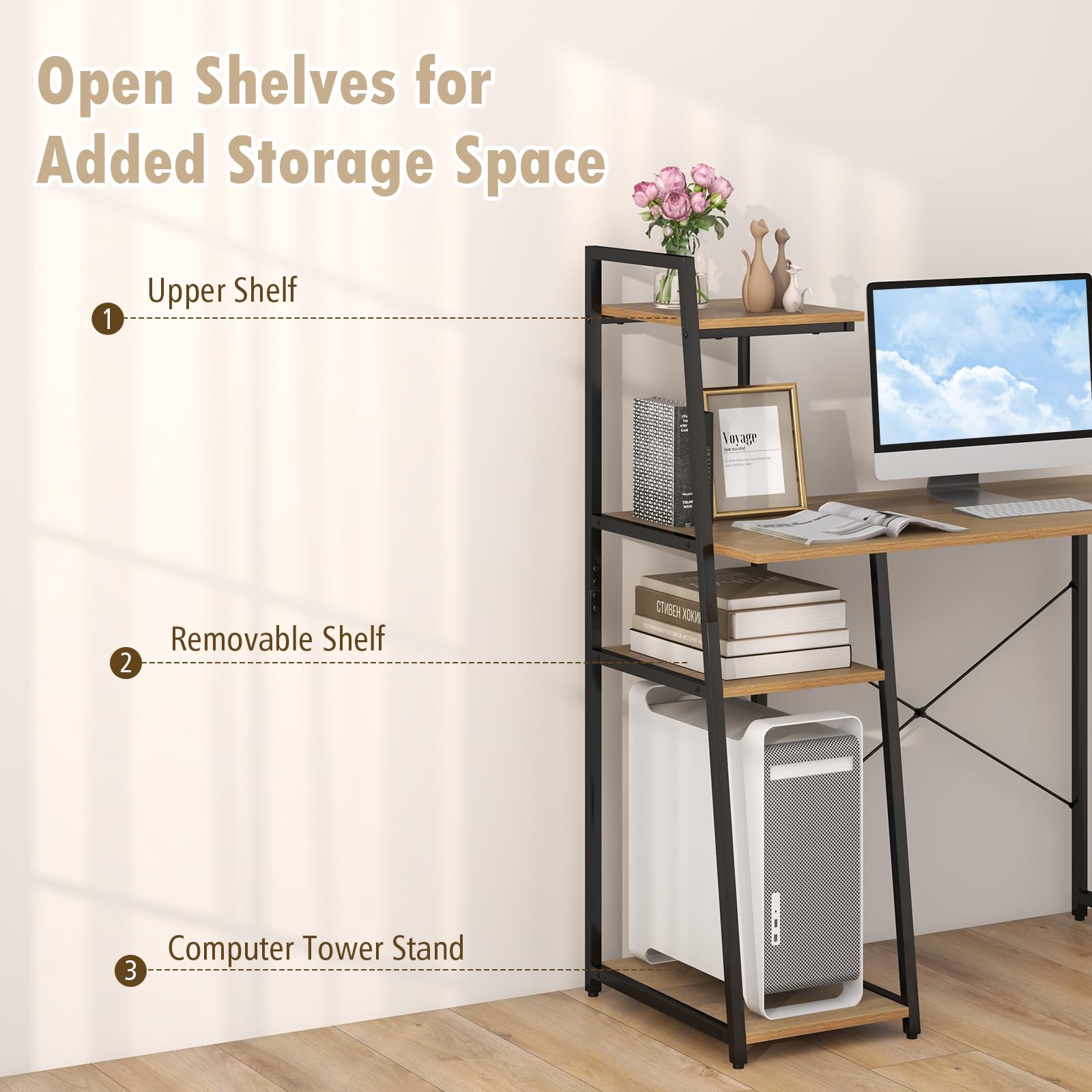 COSTWAY 47.2'' Computer Desk with 4-Tier Storage Shelves | Home Office Writing Desk with X-Shape Frame & Adjustable Feet | Modern Study Desk with Wide Tabletop (Natural/Black) for Small Spaces, Dorm Rooms & Home Offices