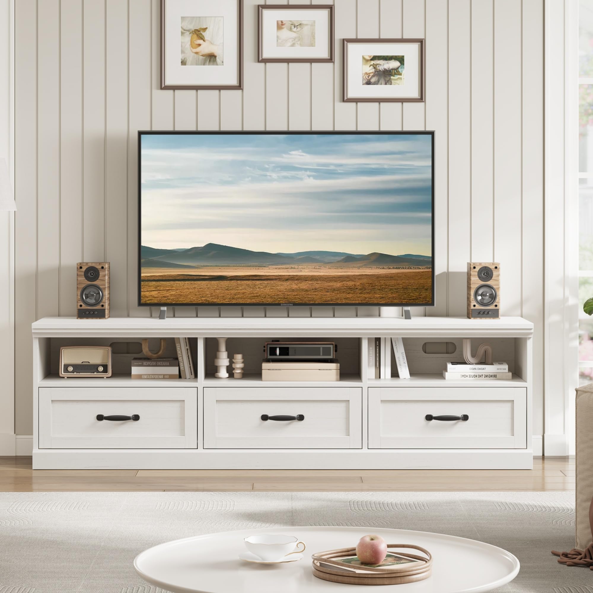 Mid-Century Modern TV Stand for 75 Inch TV - Wood Entertainment Center with Storage Drawer & Open Shelves - 70