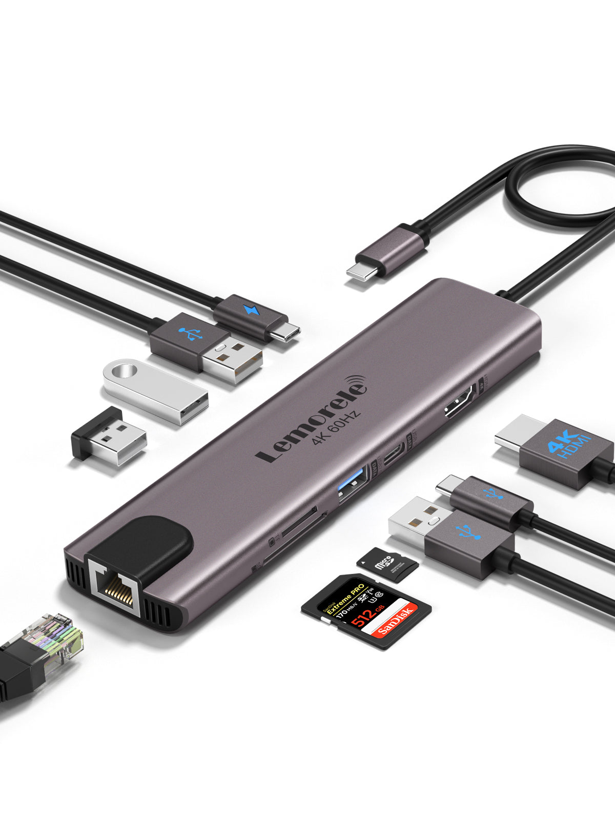 LEMORELE™ TC46 10-in-1 USB C Hub with 4K HDMI, USB 3.0, SD/TF Card Reader, PD Charging - Perfect for MacBook Pro/Air, Dell XPS, iPad Pro & More (Home Office, Travel, Gaming)
