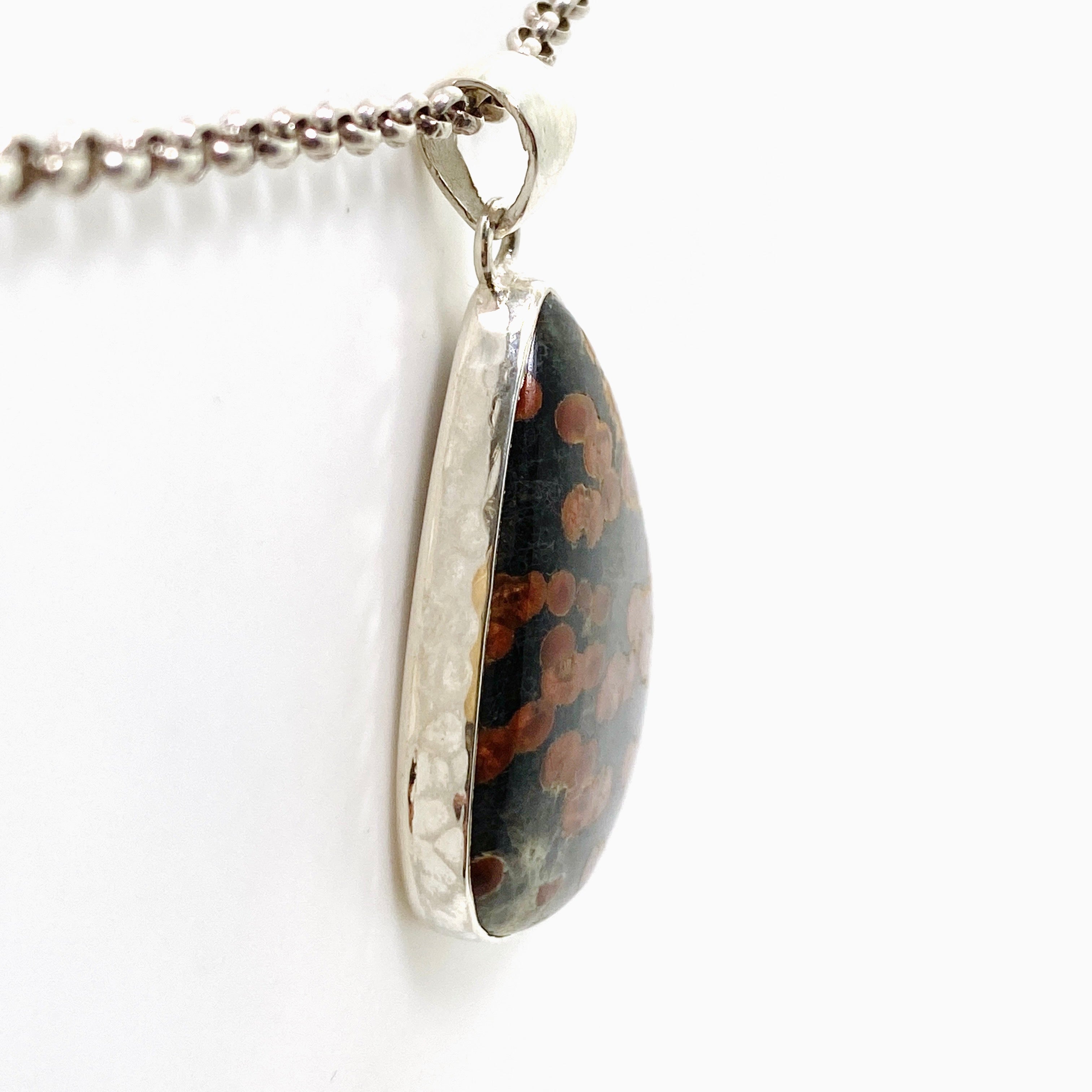 Natural Peanut Obsidian Perlite Teardrop Cabochon Pendant - Handmade Hammered Silver Setting KPGJ4767 - Perfect for Jewelry Making, Gifts & Spiritual Healing
