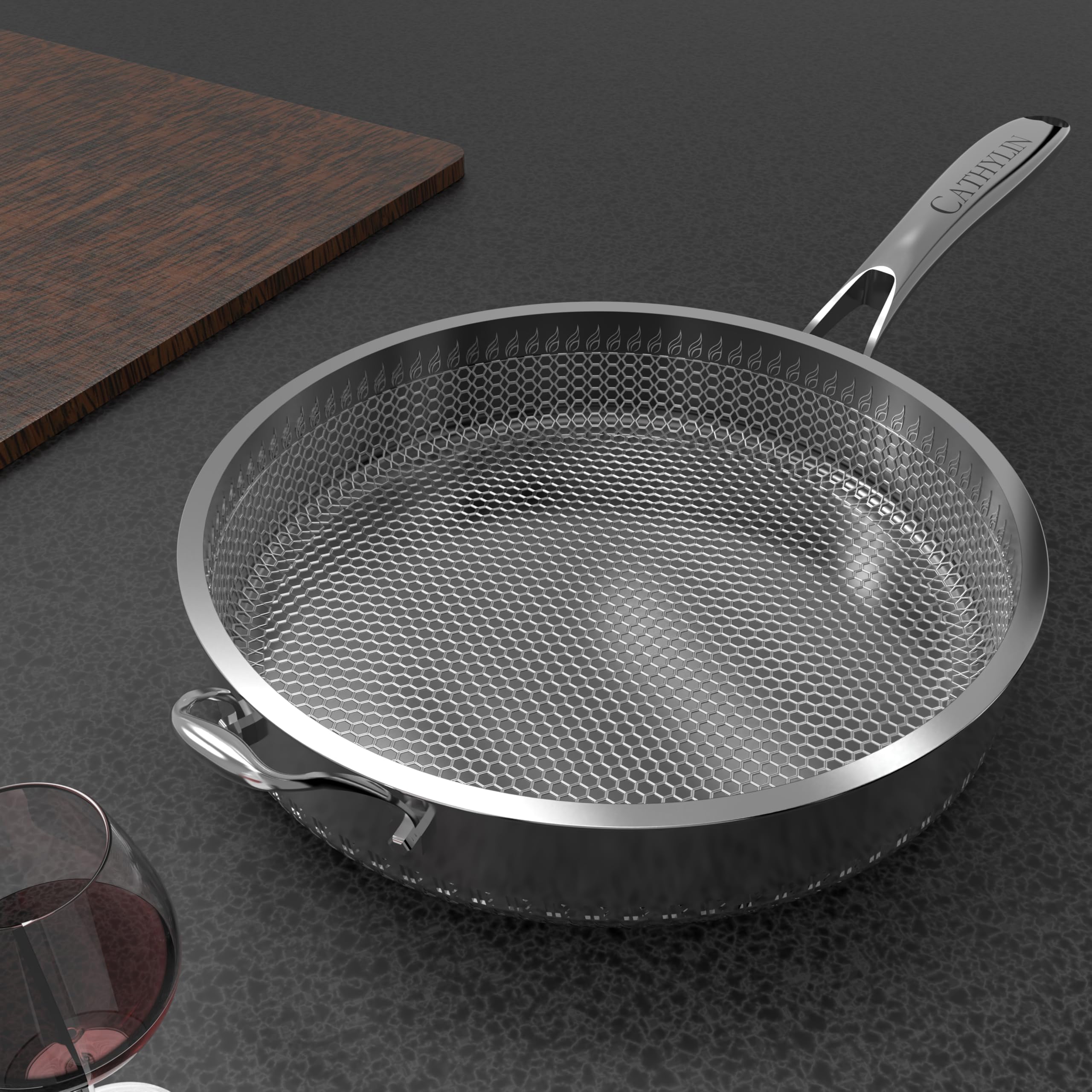 316L Stainless Steel 7QT Nonstick Frying Pan with Lid - Hexagon Wok, PFOA Free, Oven & Dishwasher Safe, Ergonomic Single Handle for Easy Cooking - Perfect for Stir-Fry, Sautéing & Family Meals