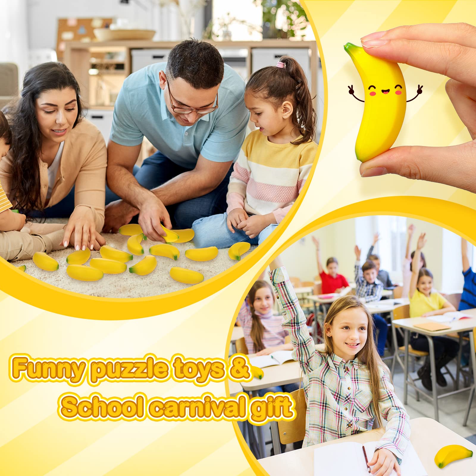 50 Pcs Mini Banana Stress Balls - Stretchy Foam Fidget Toys for Anxiety Relief & Stress Management - Fun Party Favors, School Carnival Rewards & Office Desk Toys - Includes Storage Bag for Easy Organization