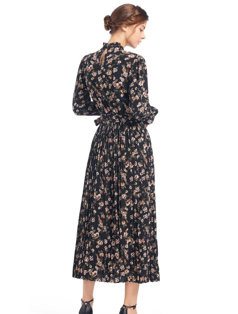 Floral Print Women's A-Line Dress with Long Sleeves & Round Neck - Perfect for Spring Outfits, Office Wear & Casual Occasions
