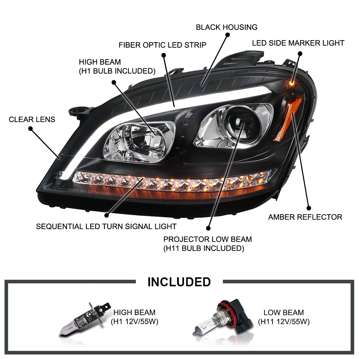 Spec-D Black LED Projector Headlights for 2006-2008 Mercedes ML-Class | Sequential Turn Signals | Left+Right Pair | Upgrade Your W164 ML350/500