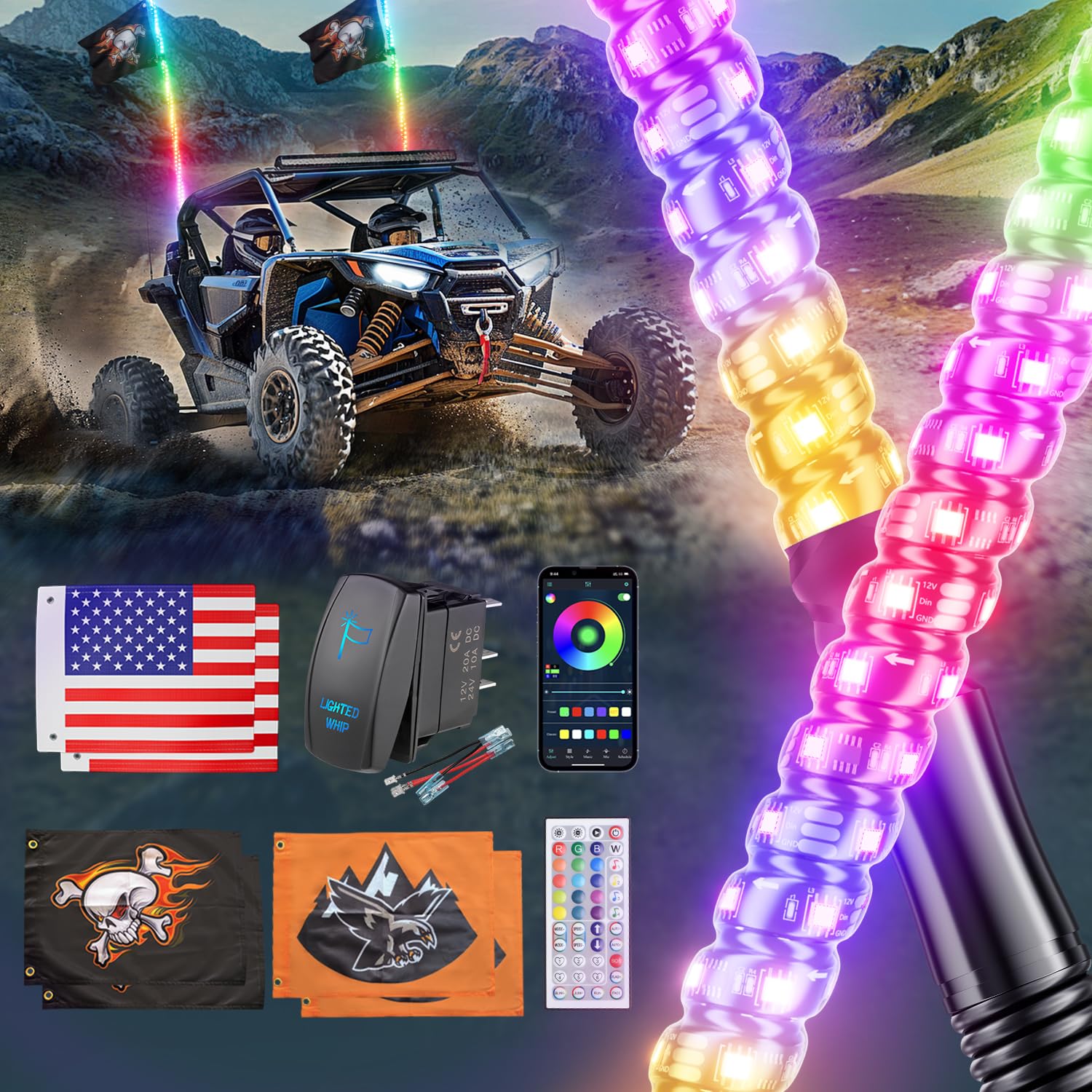 2 Pack 5FT LED Whip Lights with Spring Base & Rocker Switch - APP & Remote Control, 366 RGB Spiral Chasing Modes with 6 Nylon Flags - Waterproof Off-Road Light Bars for UTV ATV RZR SXS Can-Am - Perfect for Night Riding, Camping & Off-Road Adventures