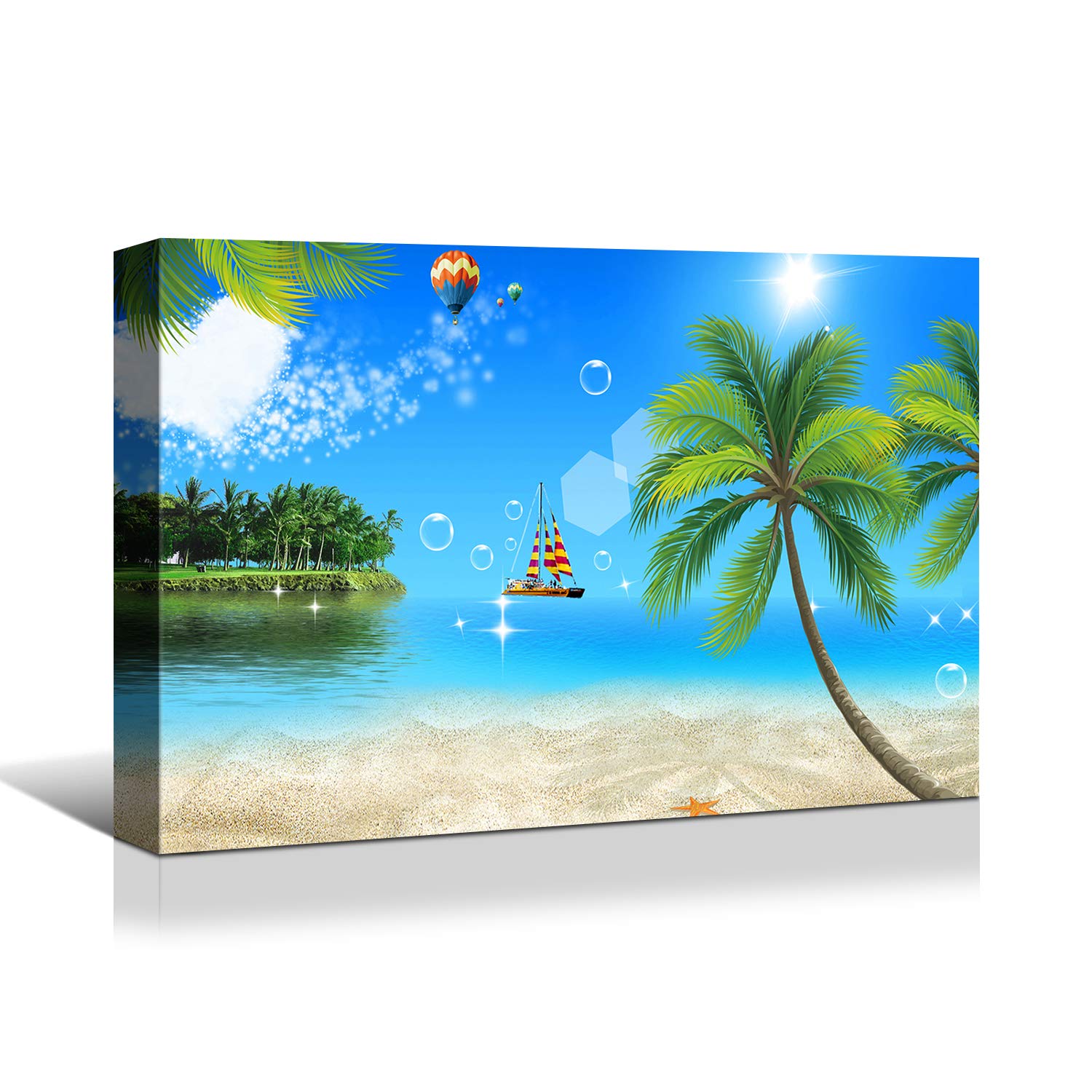 Looife 30x20 Inch Tropical Palm Tree Beach Canvas Print - Ocean Scenery Wall Art Decor with Bubbles, Ready to Hang Giclee Artwork for Living Room, Bedroom & Office