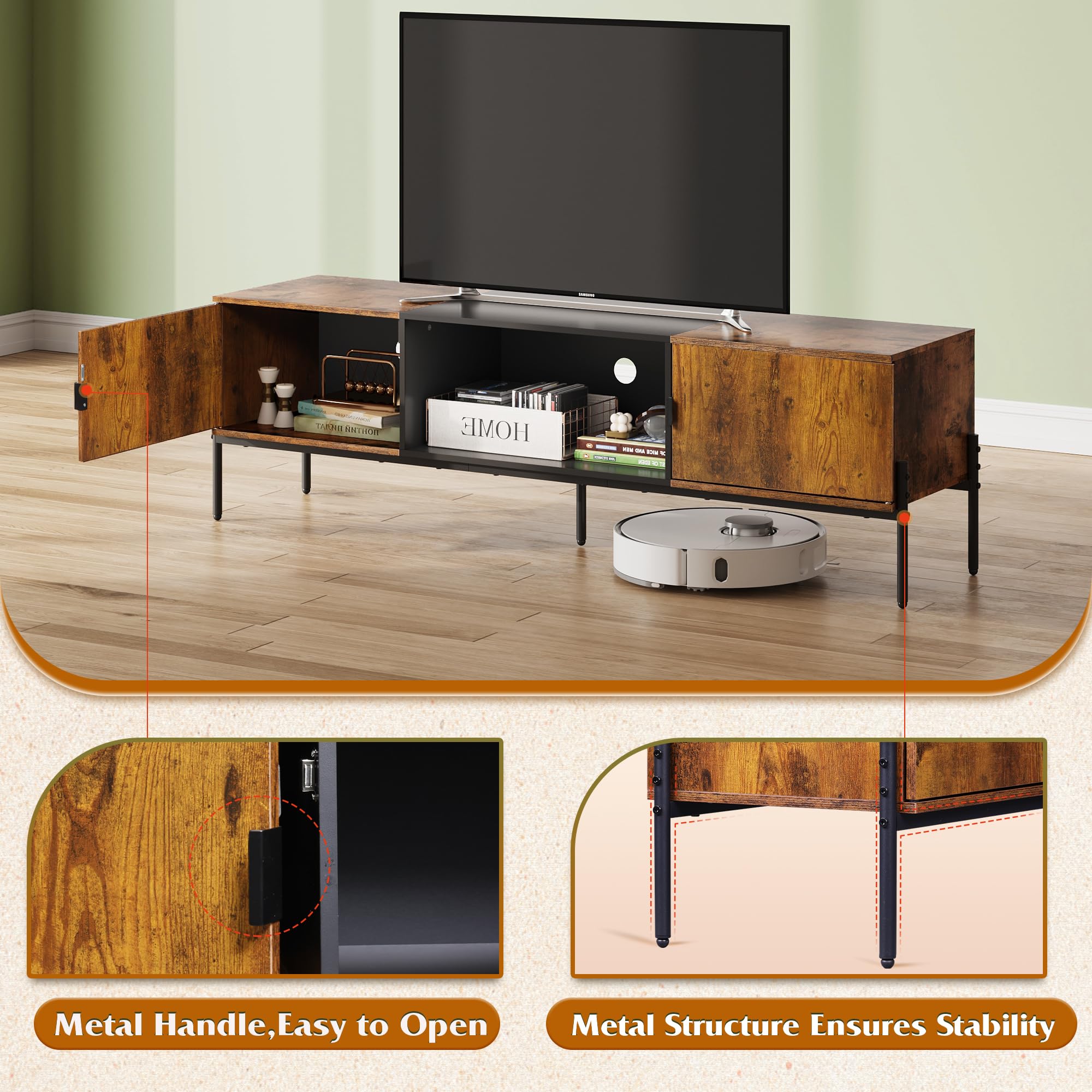 WLIVE 65 Inch Modern TV Stand - Mid Century Entertainment Center with Storage, Open Shelf & 2 Cabinets - Rustic Brown TV Console with Metal Legs for Living Room & Bedroom - Perfect for Home Theater Setup & Media Organization