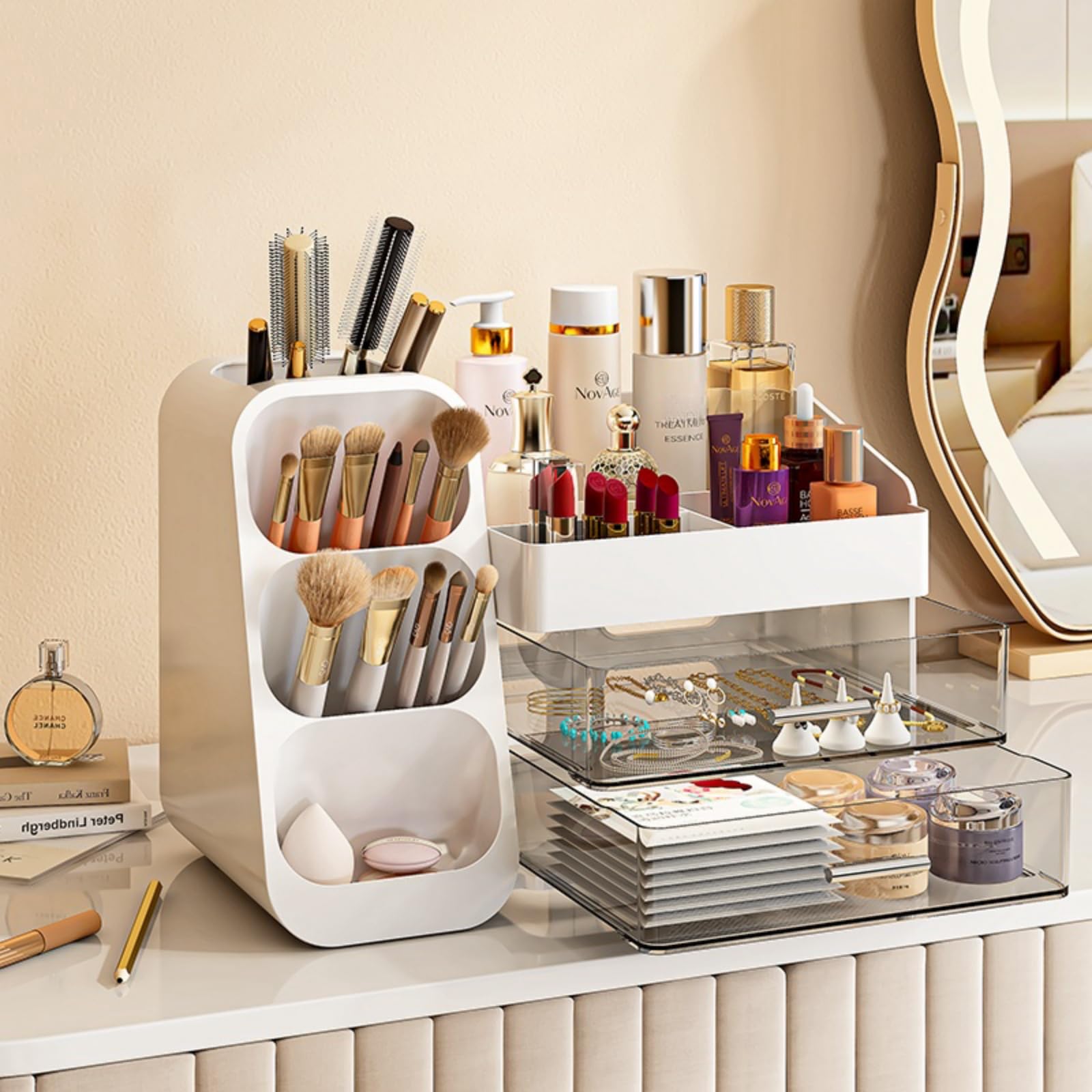 Large Makeup Organizer with Drawers - Spacious Vanity & Bathroom Storage for Cosmetics, Skincare, Brushes, Eyeshadow, Lipstick - Perfect for Bedroom, Dorm & Travel (White)