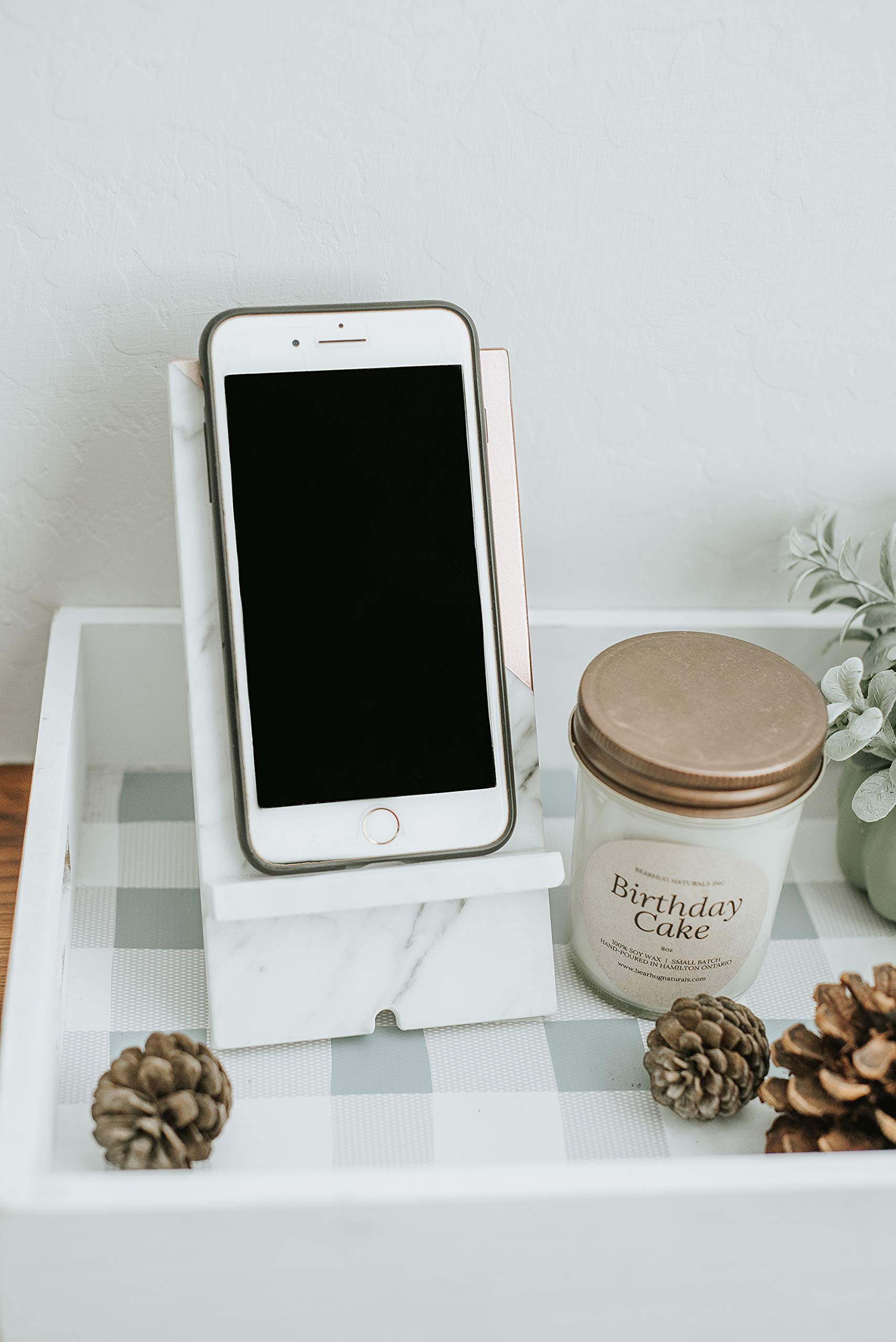 Elegant Rose Gold Marble Phone Stand Holder - Premium Office Desk Organizer & Charging Station - Perfect Tech Gift for Women - Ideal for Home Office, Bedside Table, and Makeup Vanity Use