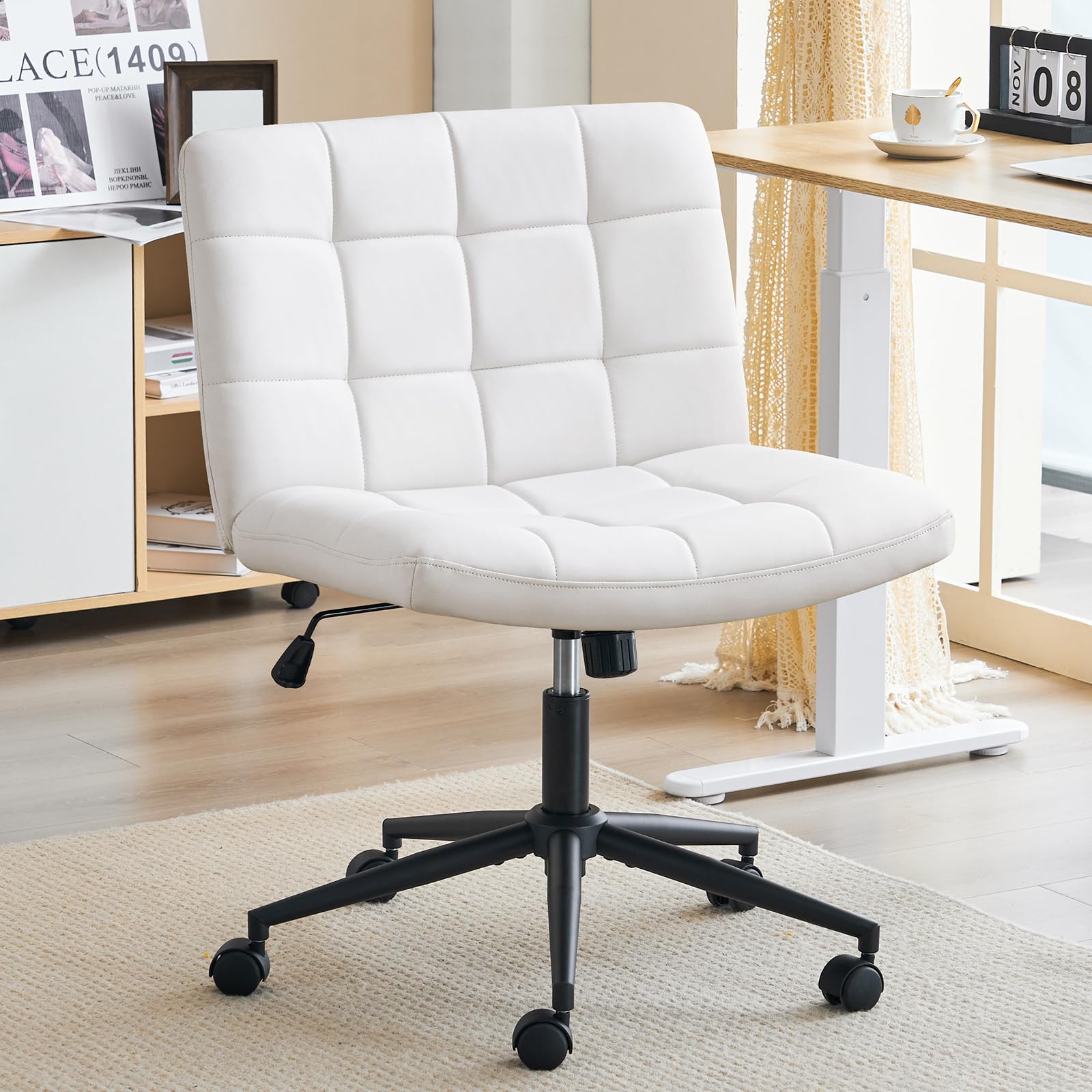 Furnimart Swivel Criss Cross Legs Office Chair with Wheels - Adjustable Height Armless Desk Chair, Comfortable PU Ivory White Seat for Home Office, Study, Vanity & Bedroom - Perfect for Work, Gaming & Relaxation