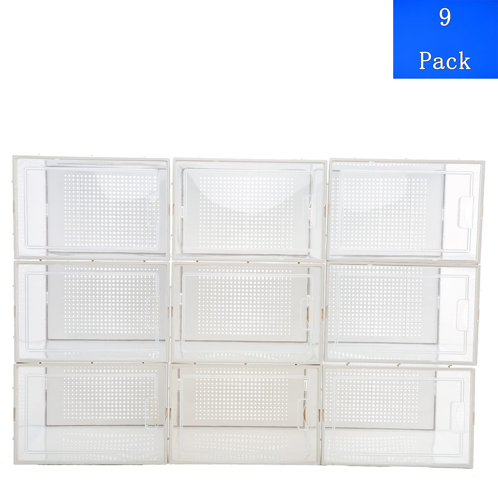 SANTIE 9 Pack Clear Plastic Shoe Storage Boxes - Stackable Shoe Organizer Bins for Men & Women, Heavy Duty Shoe Box Holds Up to Size 13.5, Perfect for Closet, Bedroom, Entryway Organization