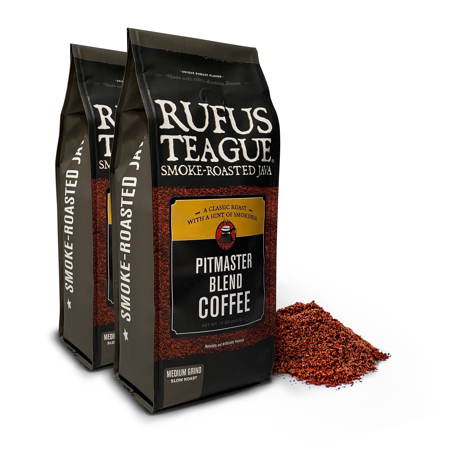 Rufus Teague Pitmaster Blend Ground Coffee - Gourmet Fresh Dark Roast Smoke Roasted Java, Medium Grind, 12 oz Bag (2-Pack) - Perfect for BBQ Enthusiasts & Coffee Lovers