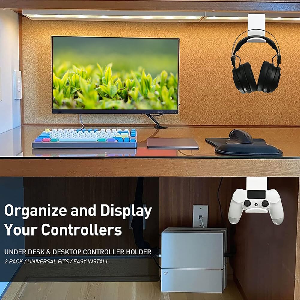 MoreChioce 2-Pack Universal Under Desk Controller Mount with Headphone Stand - Black | Wall Mountable Game Controller Holder & Display Stand for PS5, Xbox, Switch | Perfect Gaming Setup Accessory for Bedroom, Living Room, Office