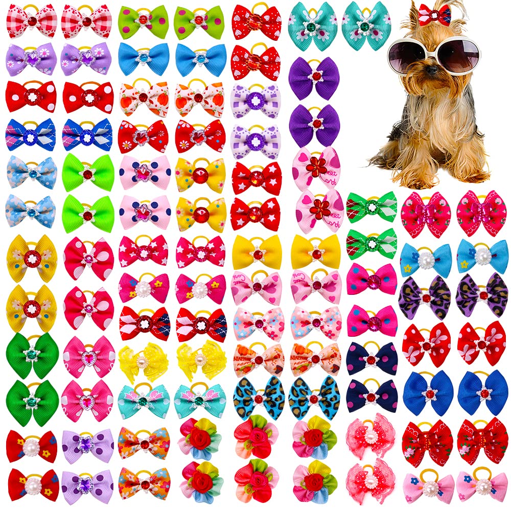 60pcs Dog Hair Bows - High Tenacity Rubber Band Puppy Grooming Accessories (30 Short Bows) for Pet Parties, Photo Shoots & Daily Styling
