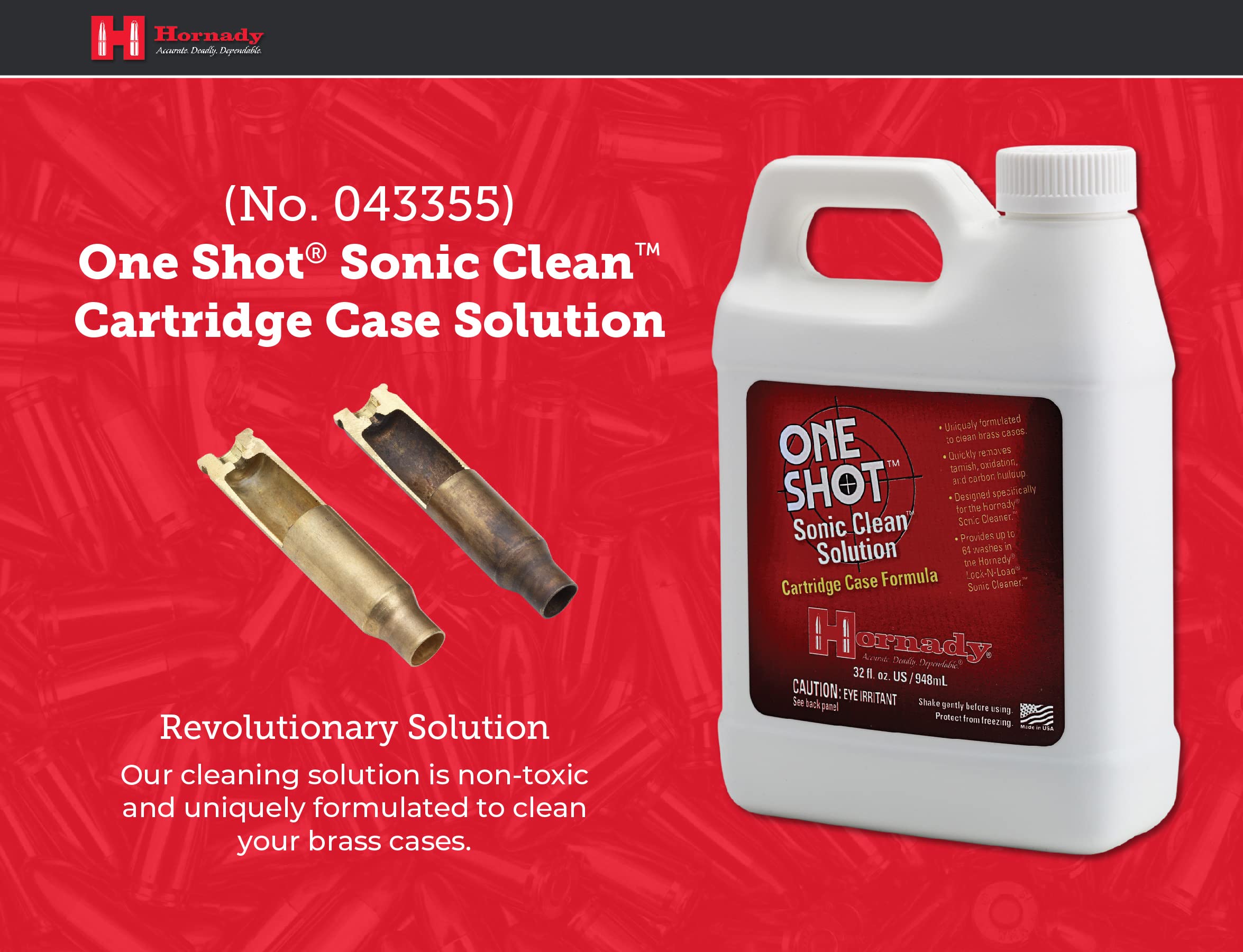 Hornady 043355 Lock-N-Load Sonic Gun Cartridge Cleaner Solution - 1 Quart | Fast & Effective Brass Cleaning for Reloading | Perfect for Rifle, Pistol & Shotgun Shells