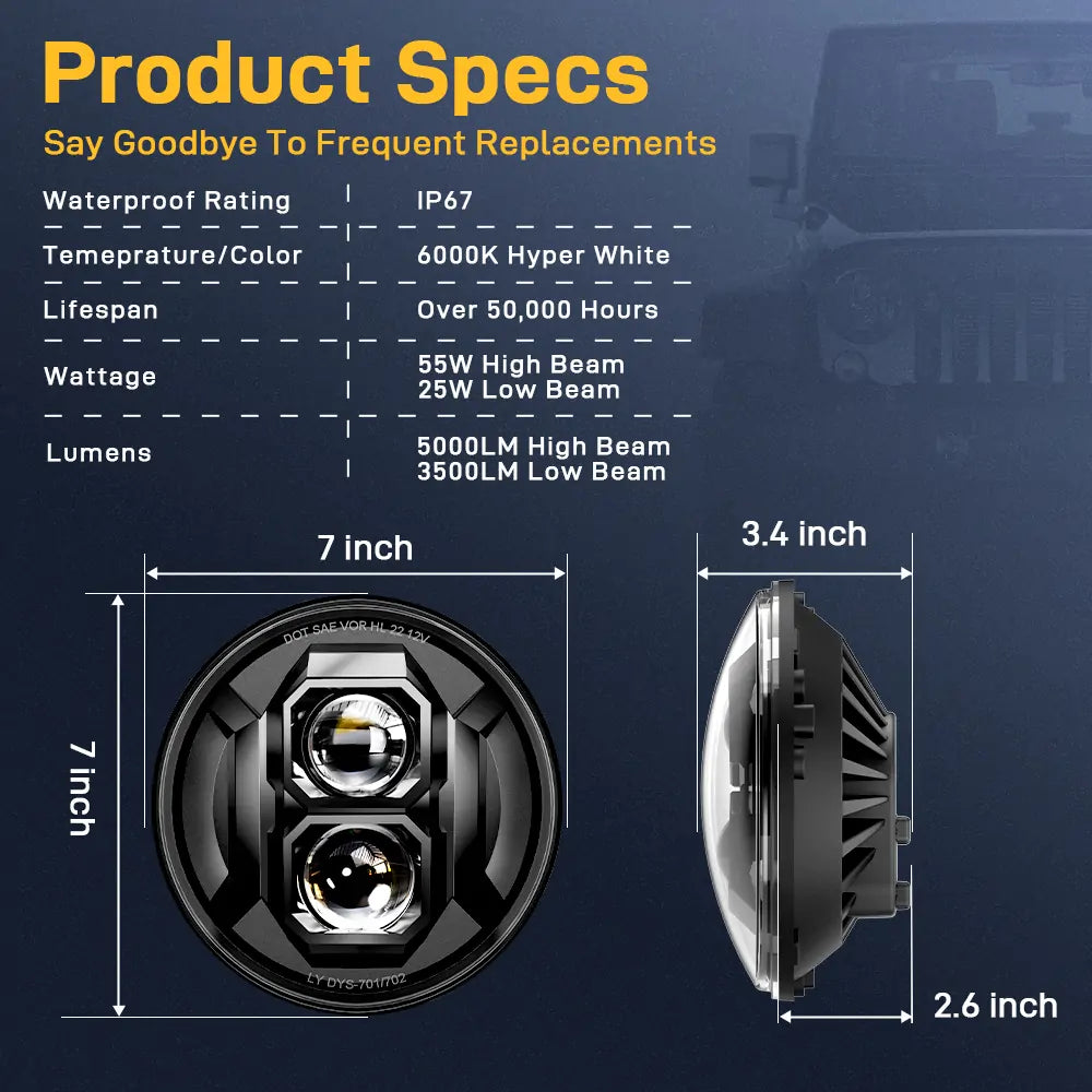 LOYO 7 Inch LED Headlights for Jeep Wrangler JK JKU TJ LJ, Chevy, Ford, GMC, Dodge - High Brightness Off-Road Lighting for Night Driving & Adventure