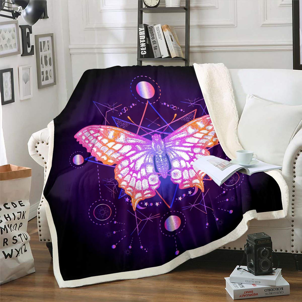Feelyou Butterfly Plush Blanket - Chic Purple Boho Moon Star Fleece Throw - Soft Sherpa & Fuzzy Fleece Blanket for Bed, Sofa, Couch - King Size 87x95 Inches - Perfect for Cozy Nights, Home Decor, Gift Giving & Bohemian Style Bedroom