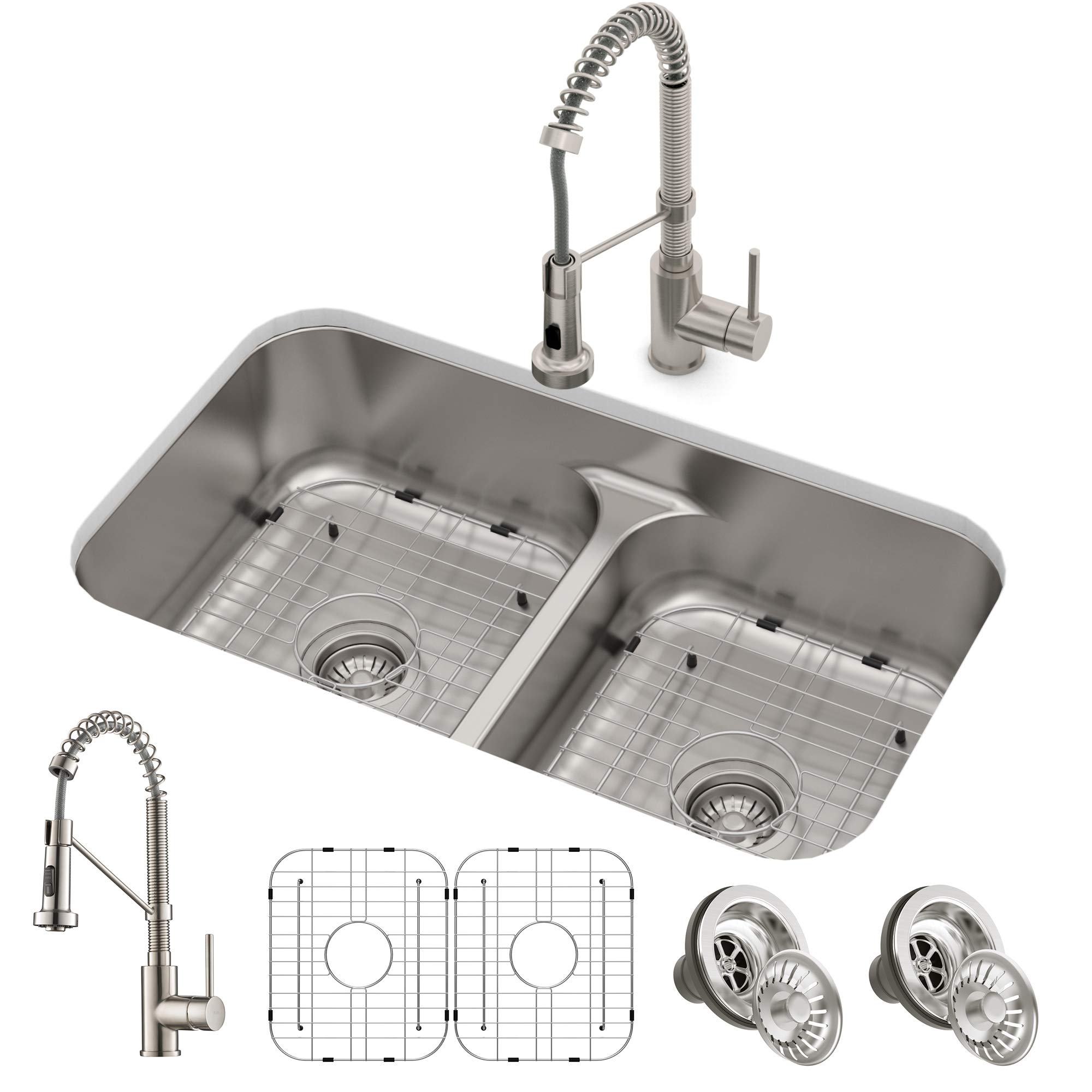 KRAUS KCA-1200 33-inch 16 Gauge Undermount Stainless Steel Kitchen Sink with 18-inch Pull-Down Commercial Style Faucet, Spot Free Finish - Perfect for Modern Home Kitchens and Restaurant-Style Cooking Spaces