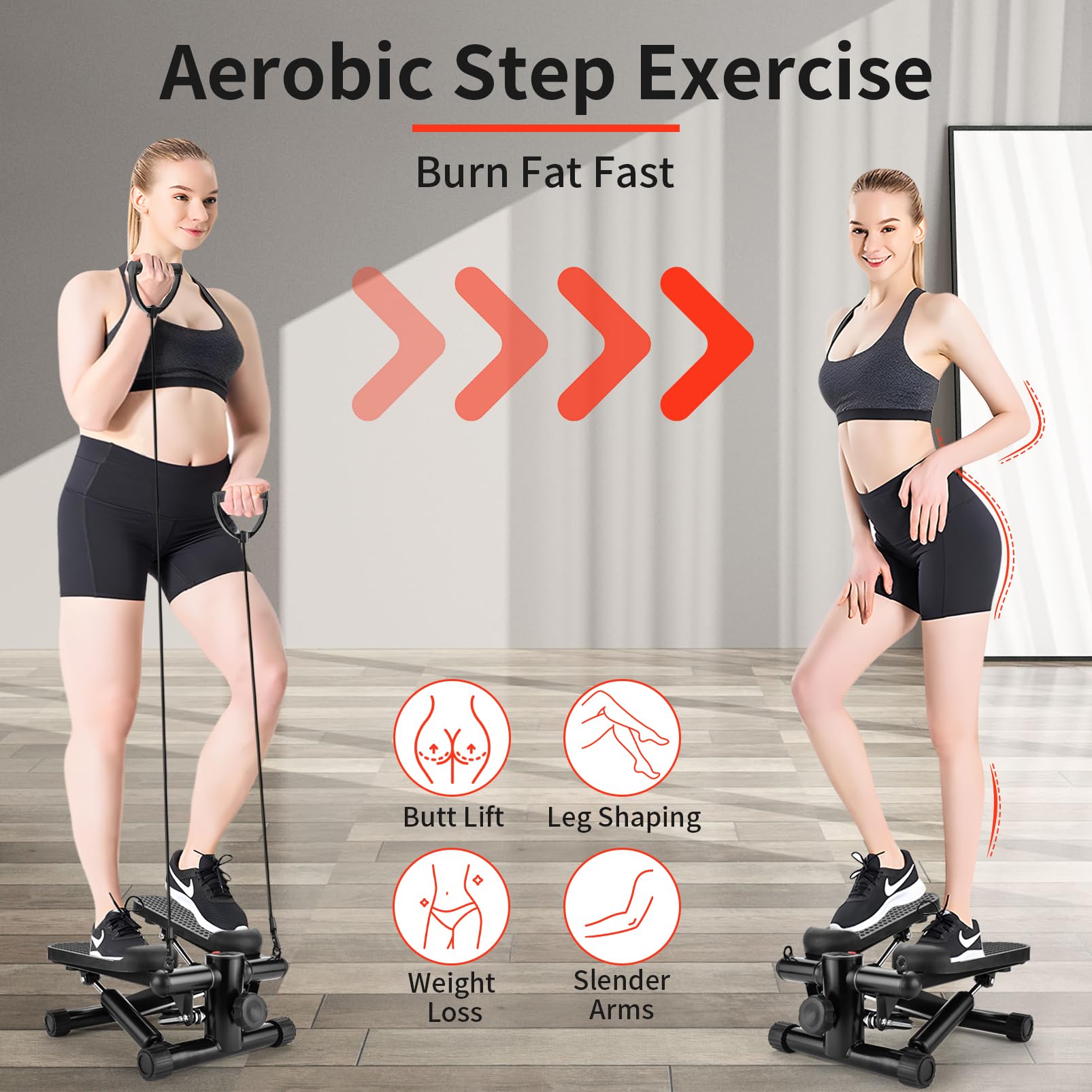 Portable Mini Stepper Machine for Home Exercise - 400LBS Capacity Twist Stepper with Resistance Bands | Perfect for Home Office Workout, Cardio Training & Indoor Fitness