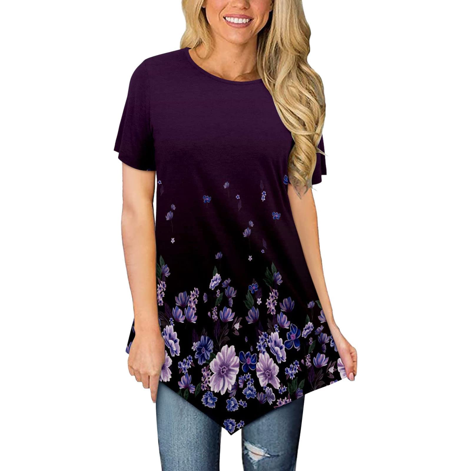 Women's Floral Print Short Sleeve Tunic Top - Summer Loose Blouse with Irregular Hem & Flowy Design | Casual Wear, Beach Cover-Up, Boho Outfit