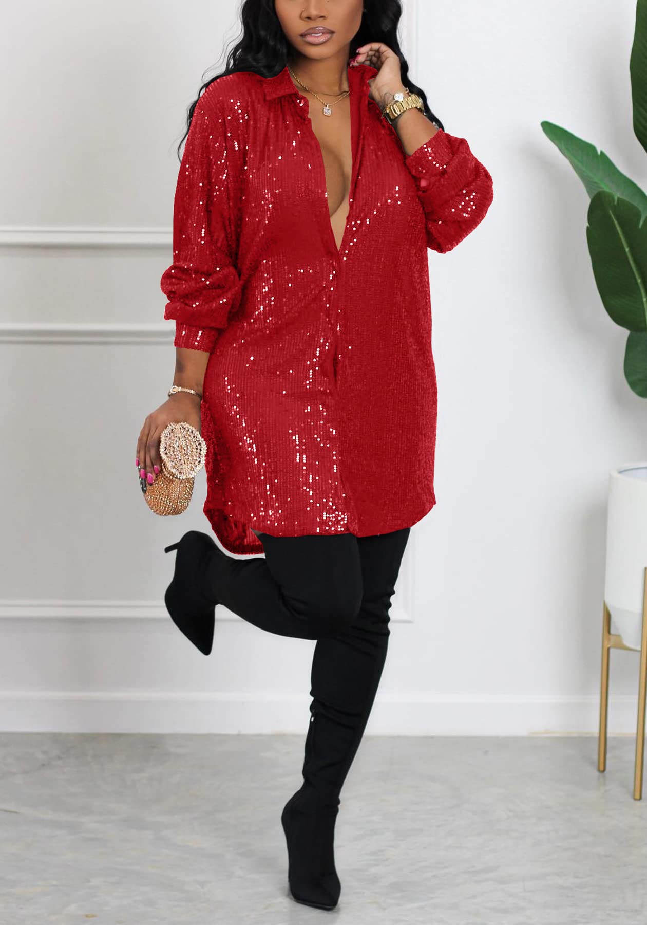 Sparkly Sequin Midi Dress for Women - Long Sleeve Button Down Shirt Dress for Party, Club, Night Out & Special Occasions | Elegant Formal & Cocktail Attire