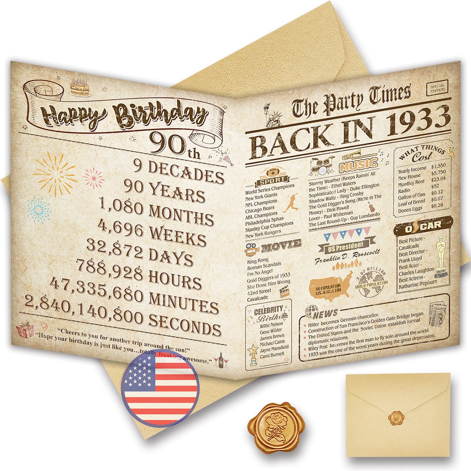Vintage 90th Birthday Card - Double-Sided Jumbo 8x10