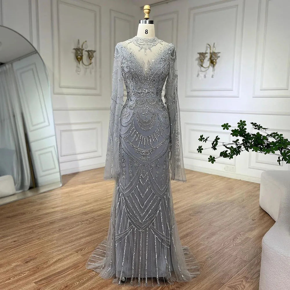 Elegant Dubai Gray Mermaid Beaded Lace Arabic Luxury Evening Dress for Women - Wedding, Party & Special Occasion Gowns 2025 | LA72517 | Perfect for Red Carpet Events, Galas & Formal Celebrations