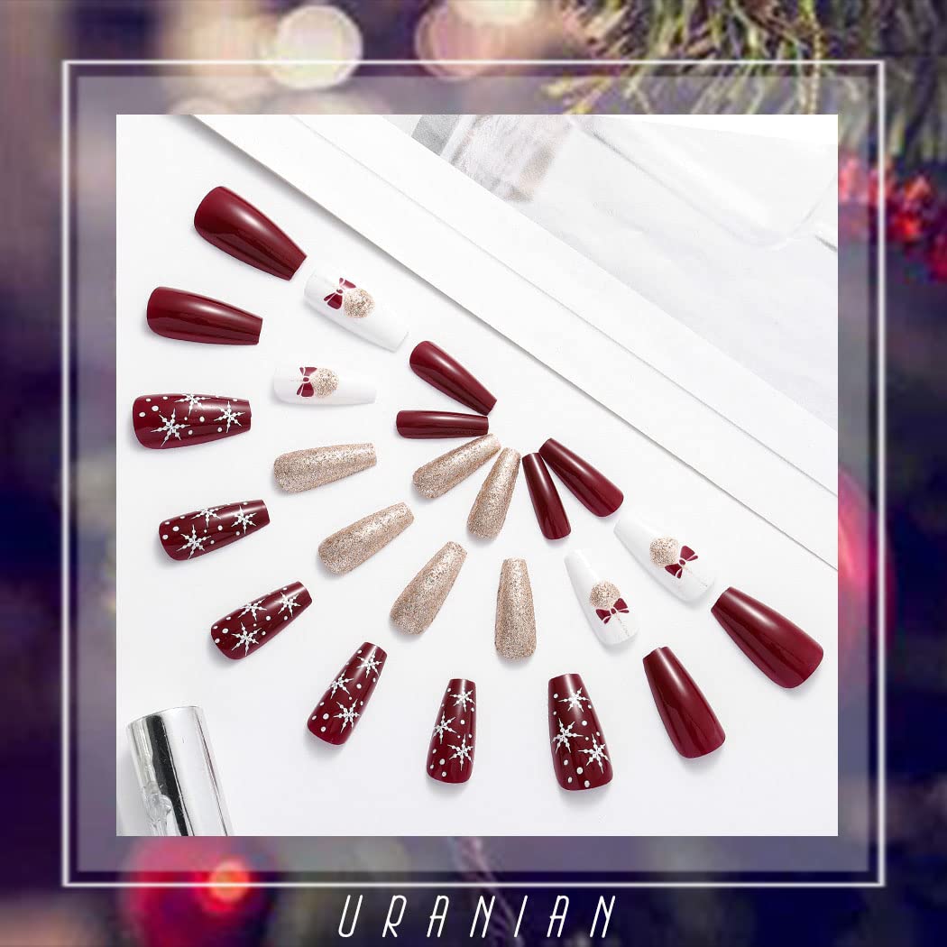 Uranian Christmas Press on Nails - 24pcs Long Coffin Fake Nails with Snowflake Stripes, Santa Claus & Elk Glitter Designs, Glossy Red French Tip Acrylic Nails for Women & Girls | Holiday Parties, Gift Giving, Festive Nail Art